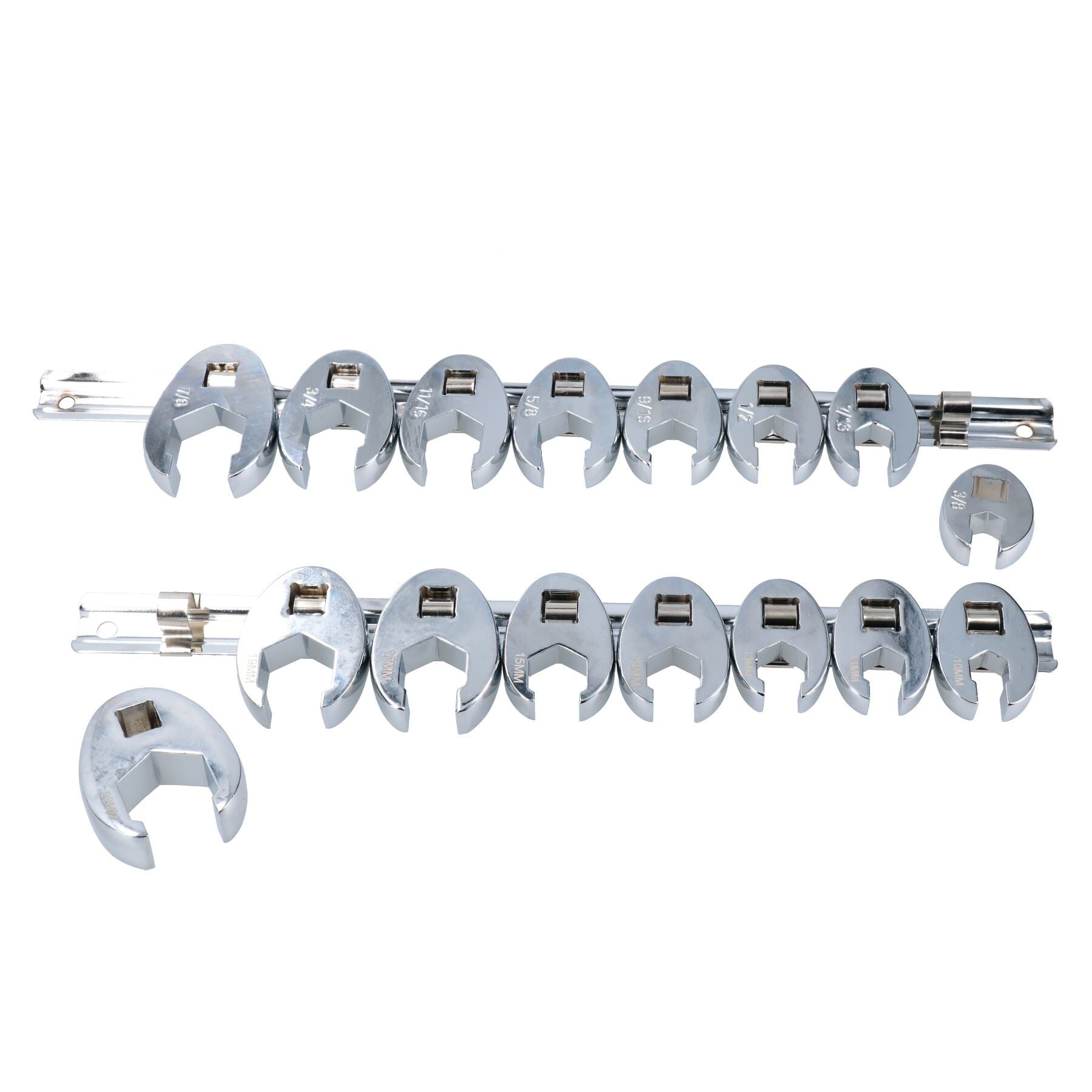 Clé à douille 3/8" impériale AF + métrique Crowfoot Crowfoot 3/8" – 7/8" 10 – 22 mm 16 pièces