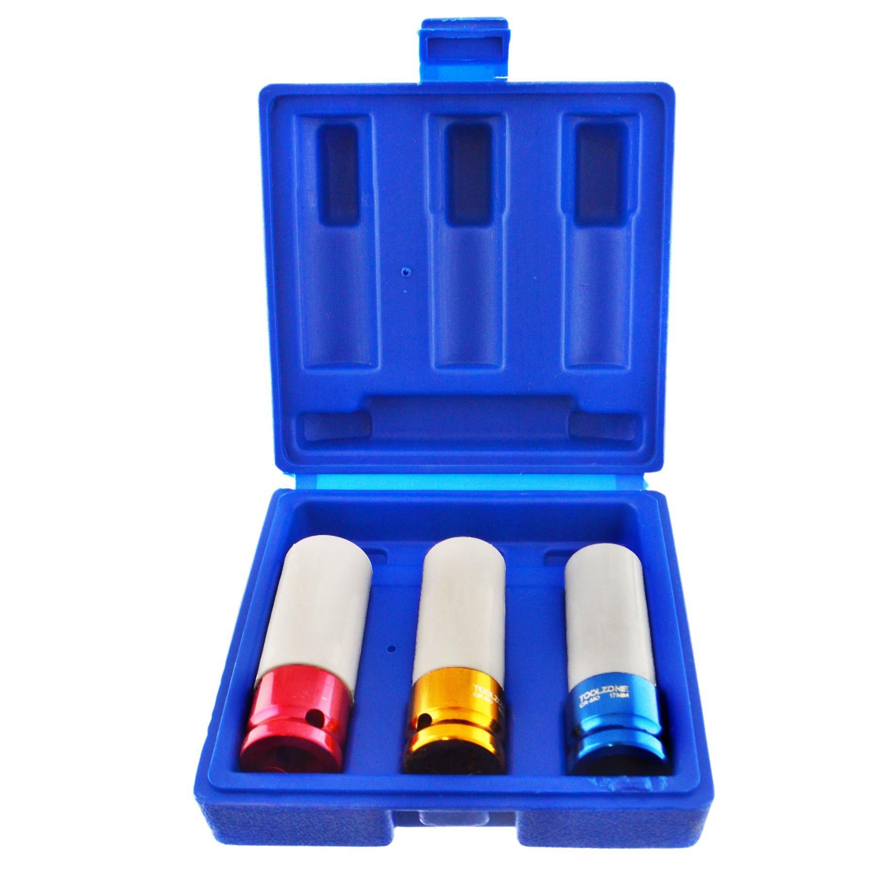 1/2 Zoll Antrieb, tiefe metrische MM-Steckschlüssel für Leichtmetall-Radmuttern, 17 mm, 19 mm, 21 mm