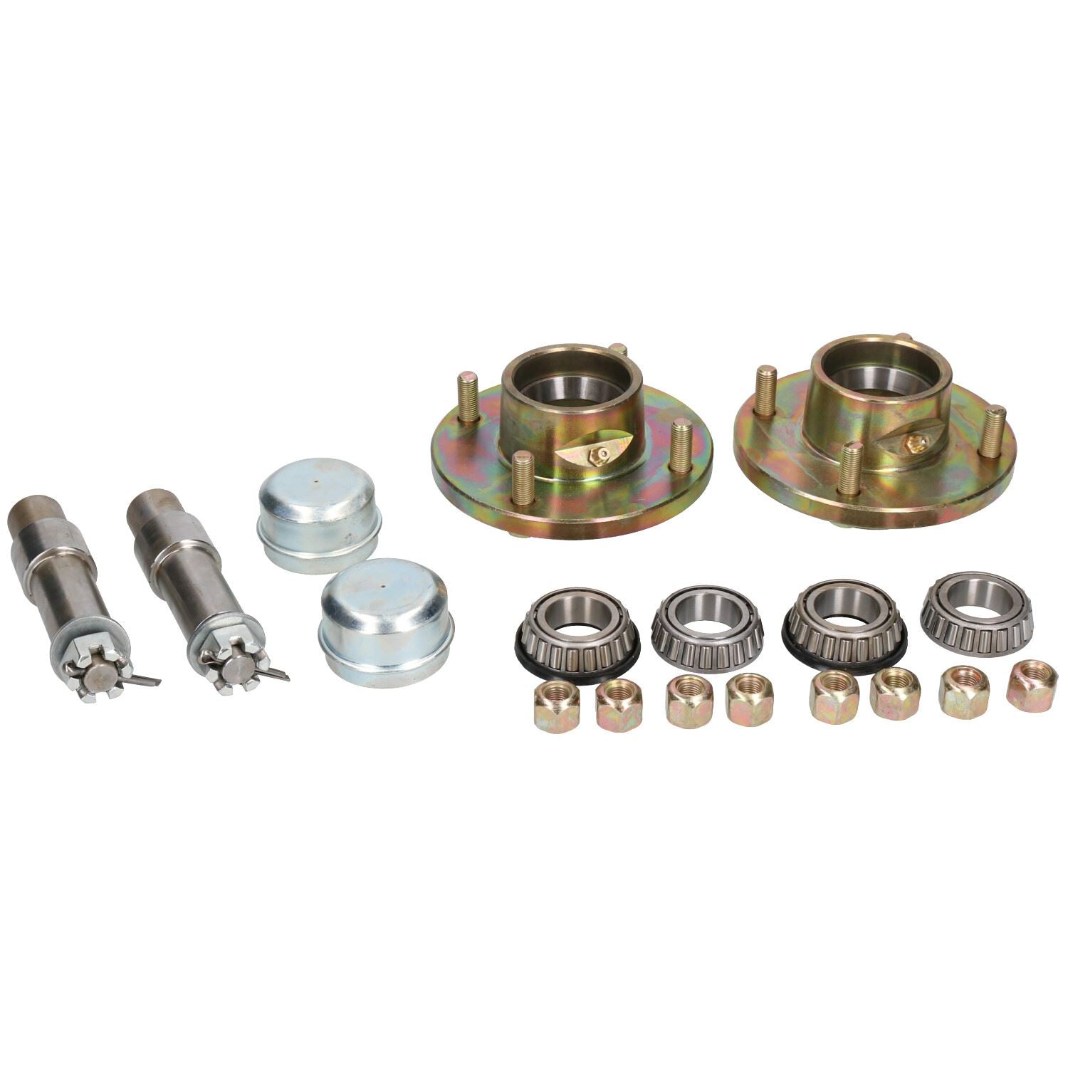 Lot de 2 moyeux de roue et essieux de remorque PCD 4" avec écrous et capuchons 750 kg