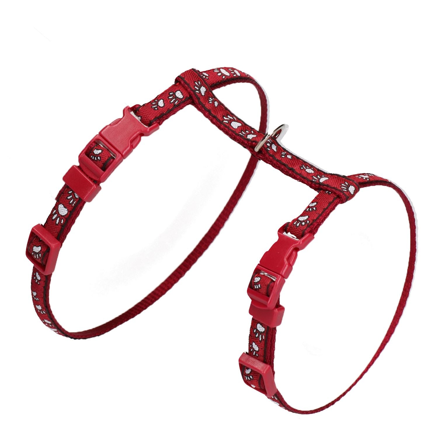 Burgunderrotes Geschirr und Leine mit Pfotenabdruck für Kleintiere (Hals 14–20/Brust 18–28 cm)