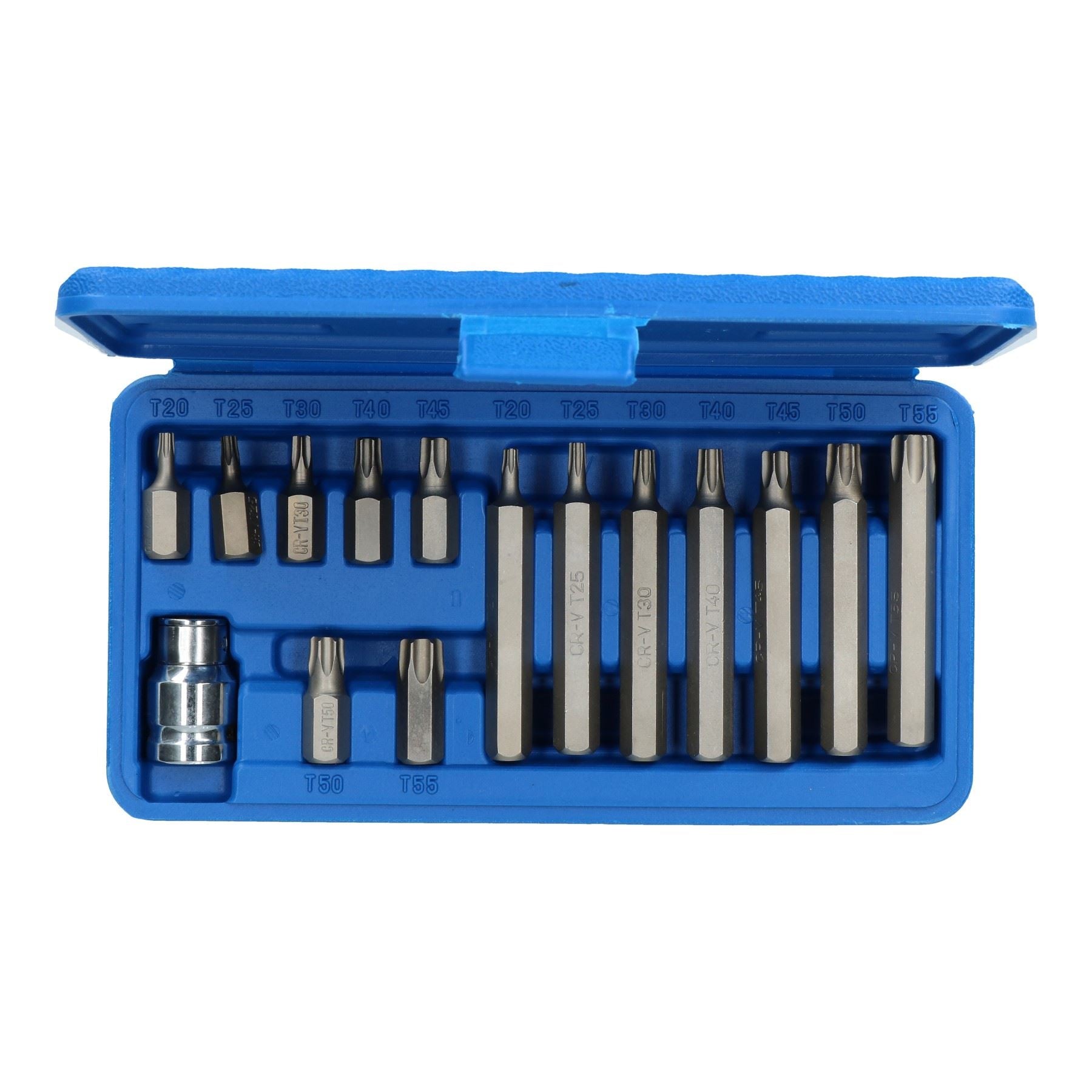 15-tlg. Tief- und Flach-Torx-Stern T20 – T55-Bit-Set, 1/2 Zoll Dr. Außengewinde, 30 mm und 75 mm