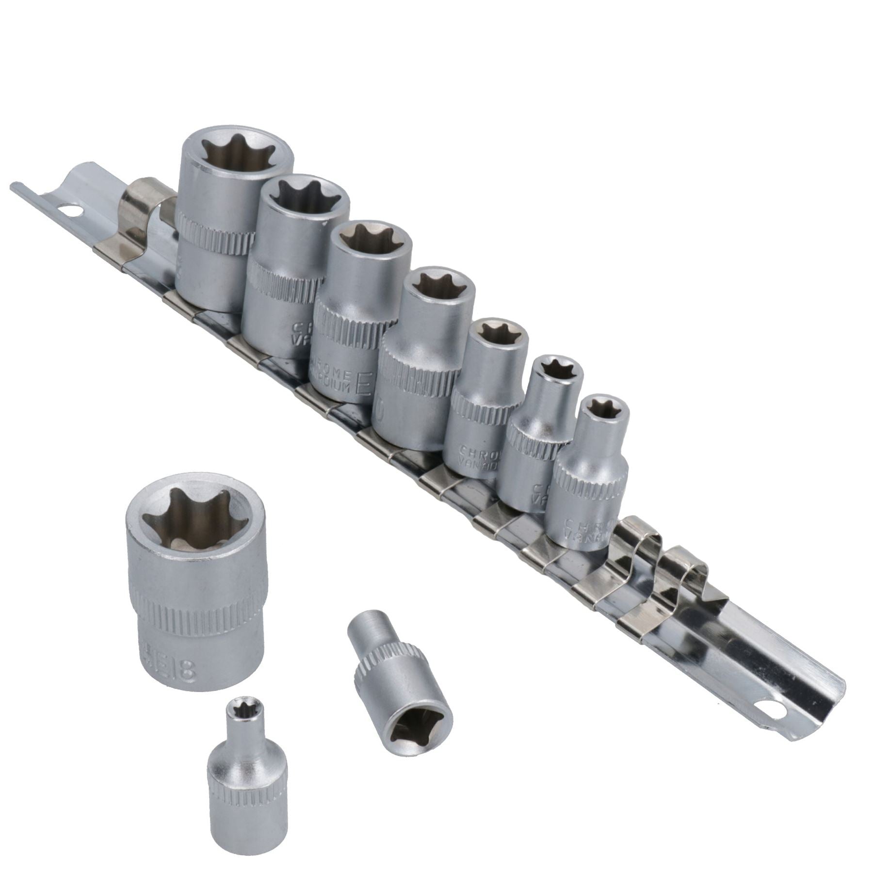 Innen-Torx-Steckschlüssel, flach, Stern E, 1/4" + 3/8" Antrieb, E4 – E18, 10-teiliger Satz