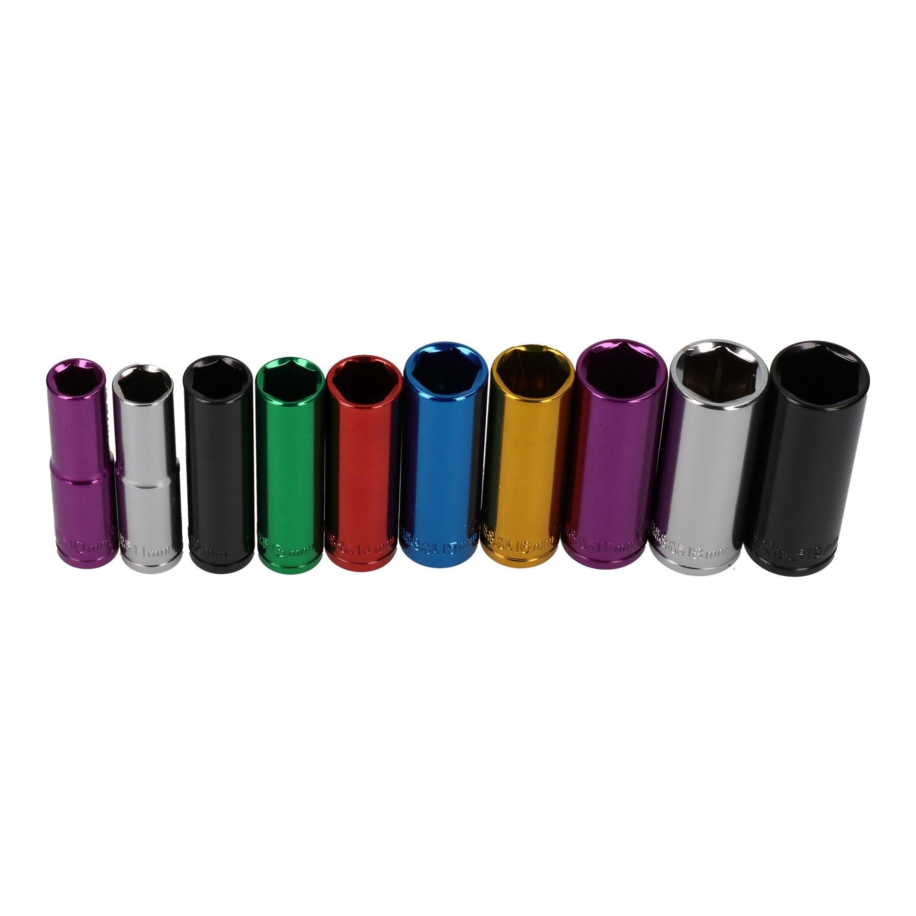 10pc Coloured 3/8" Dr Deep Sockets 6 Point Hex Metric 10 - 19mm With Rail