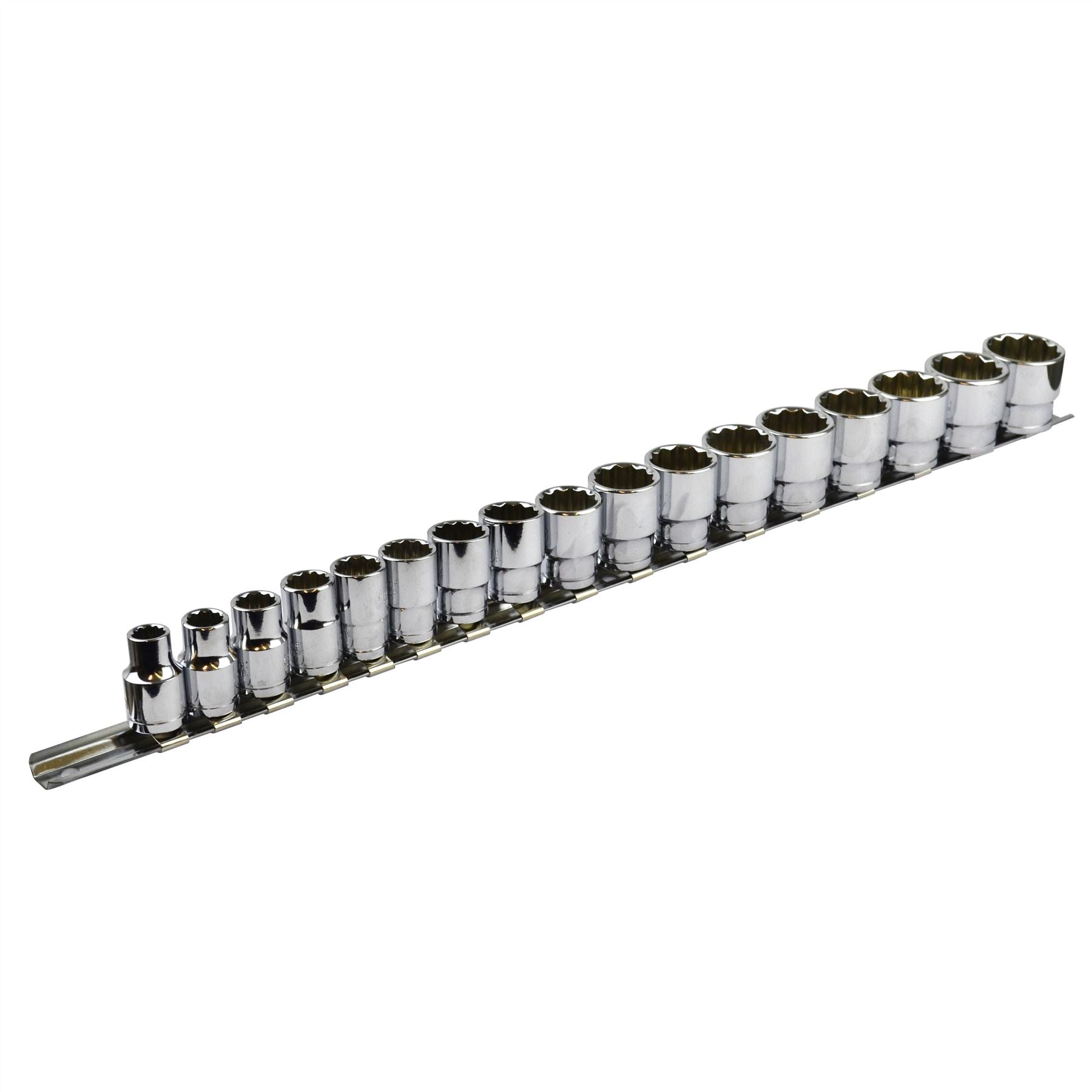 1/2"-Steckschlüsselsatz, flach, metrisch, mit Aufbewahrungsschiene, 17-teilig, TE052