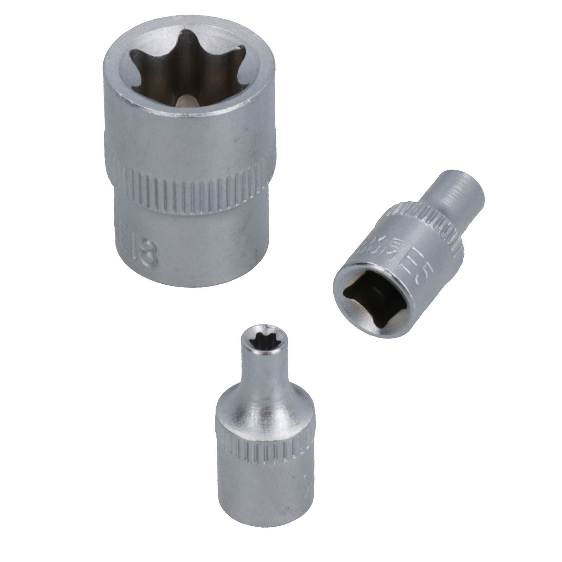 Innen-Torx-Steckschlüssel, flach, Stern E, 1/4" + 3/8" Antrieb, E4 – E18, 10-teiliger Satz
