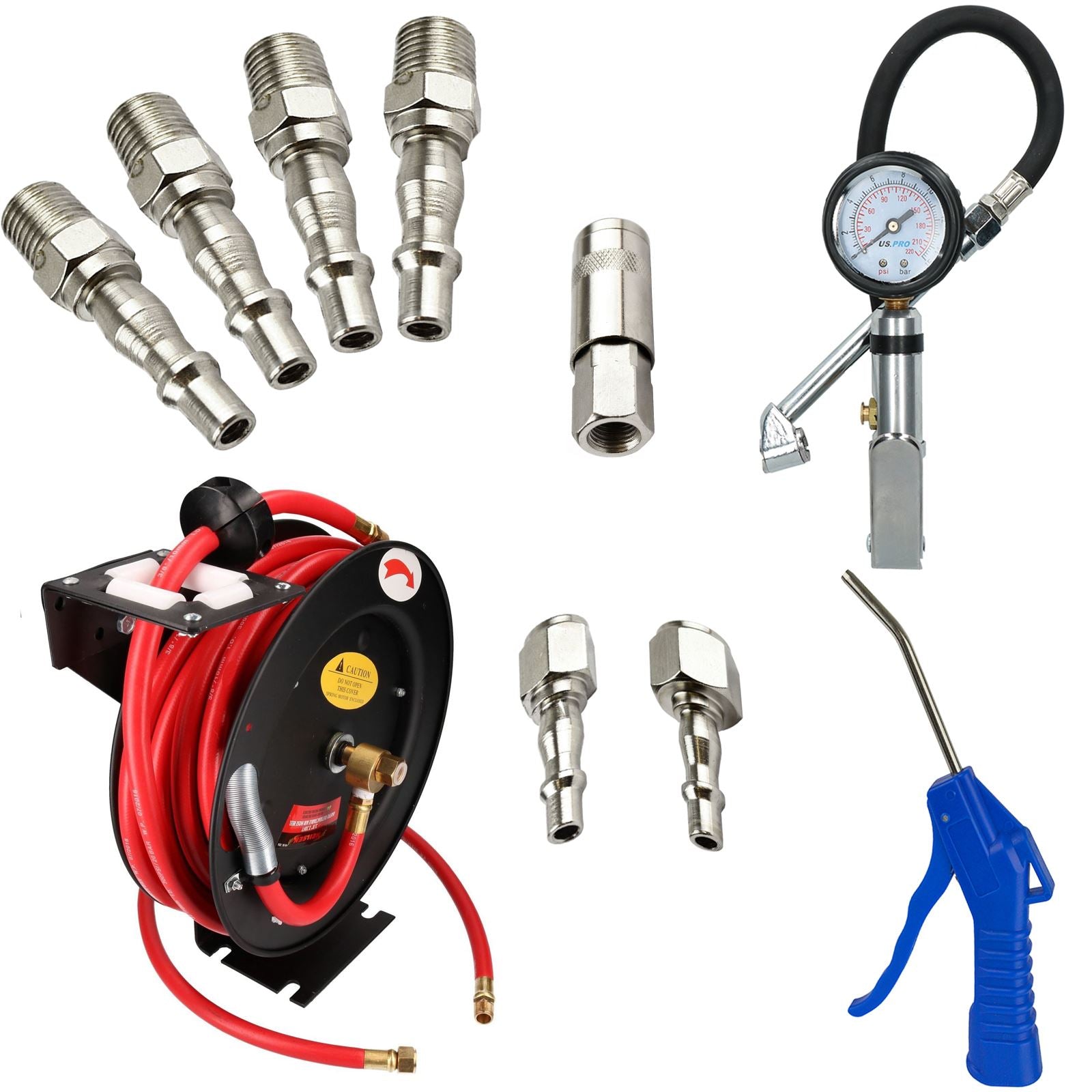 3/8" BSP Retractable Air Hose Kit With Fittings / Tyre Inflator / Blow Dust Gun