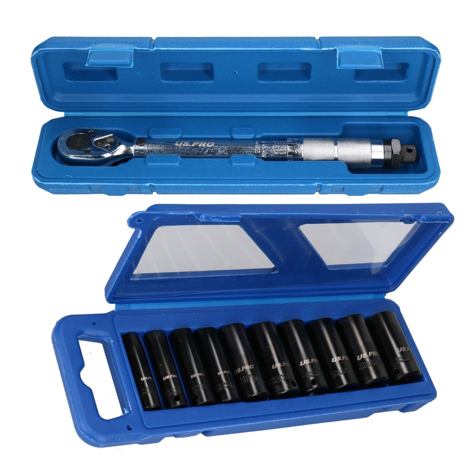 Clé dynamométrique 3/8" 19 - 110 Nm avec 8 douilles à chocs profondes 10 - 24 mm