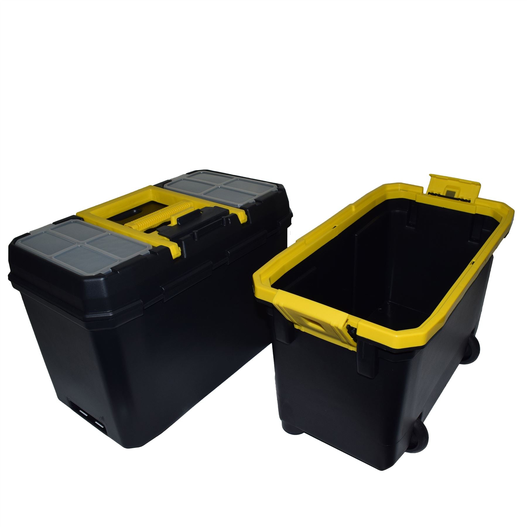Plastic Double Tool Box Toolbox Storage Pull Along Handle Trolley 9 Compartments