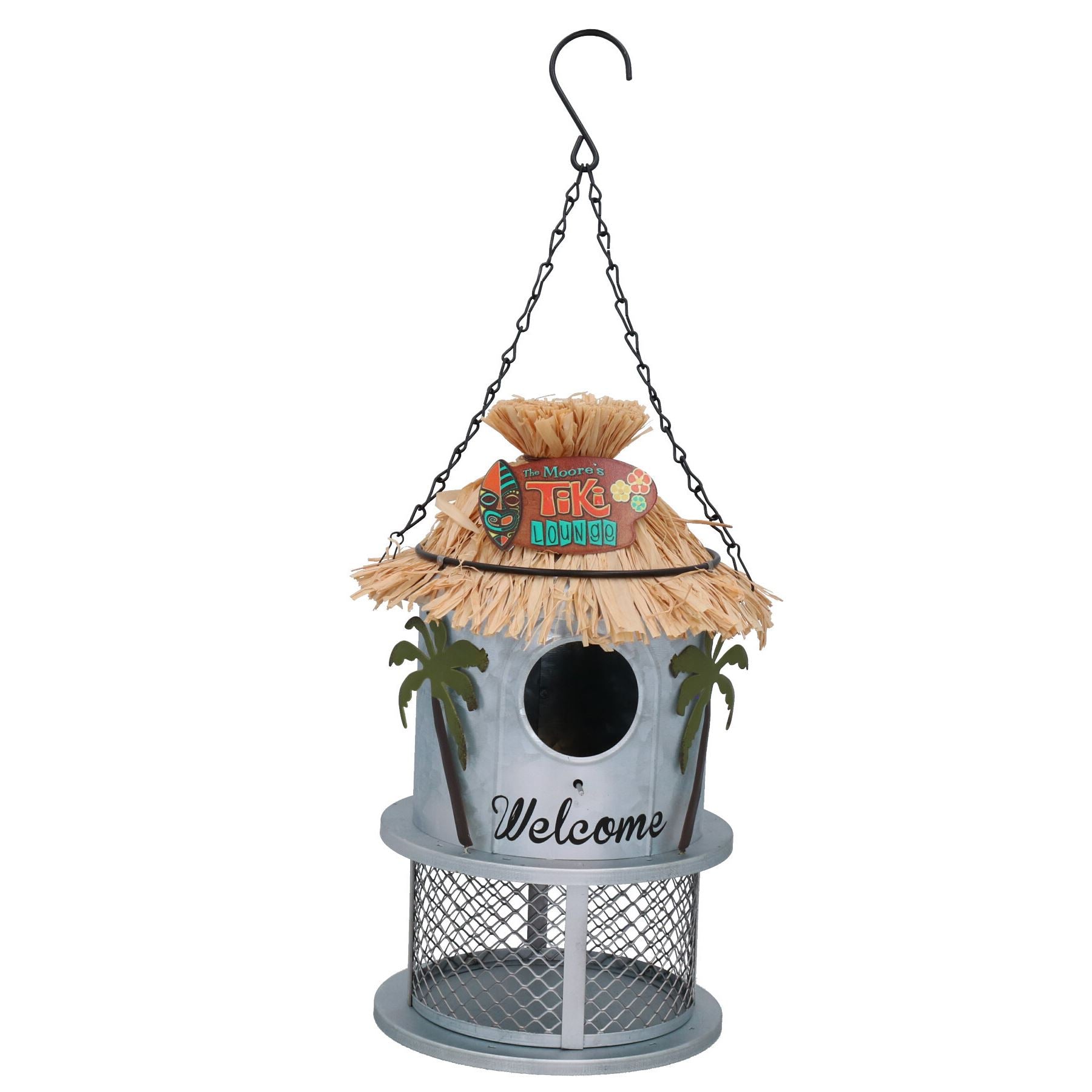 Funky Metall Silber Tiki Bar Vogelfutterstation Samen Nüsse Wildvogel Garten Dekor 14x25cm