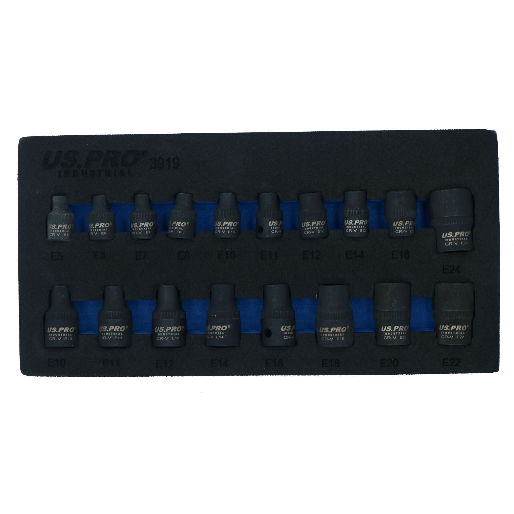 Jeu de 18 douilles Torx femelles à impact E5 – E24, entraînement 3/8" et 1/2"
