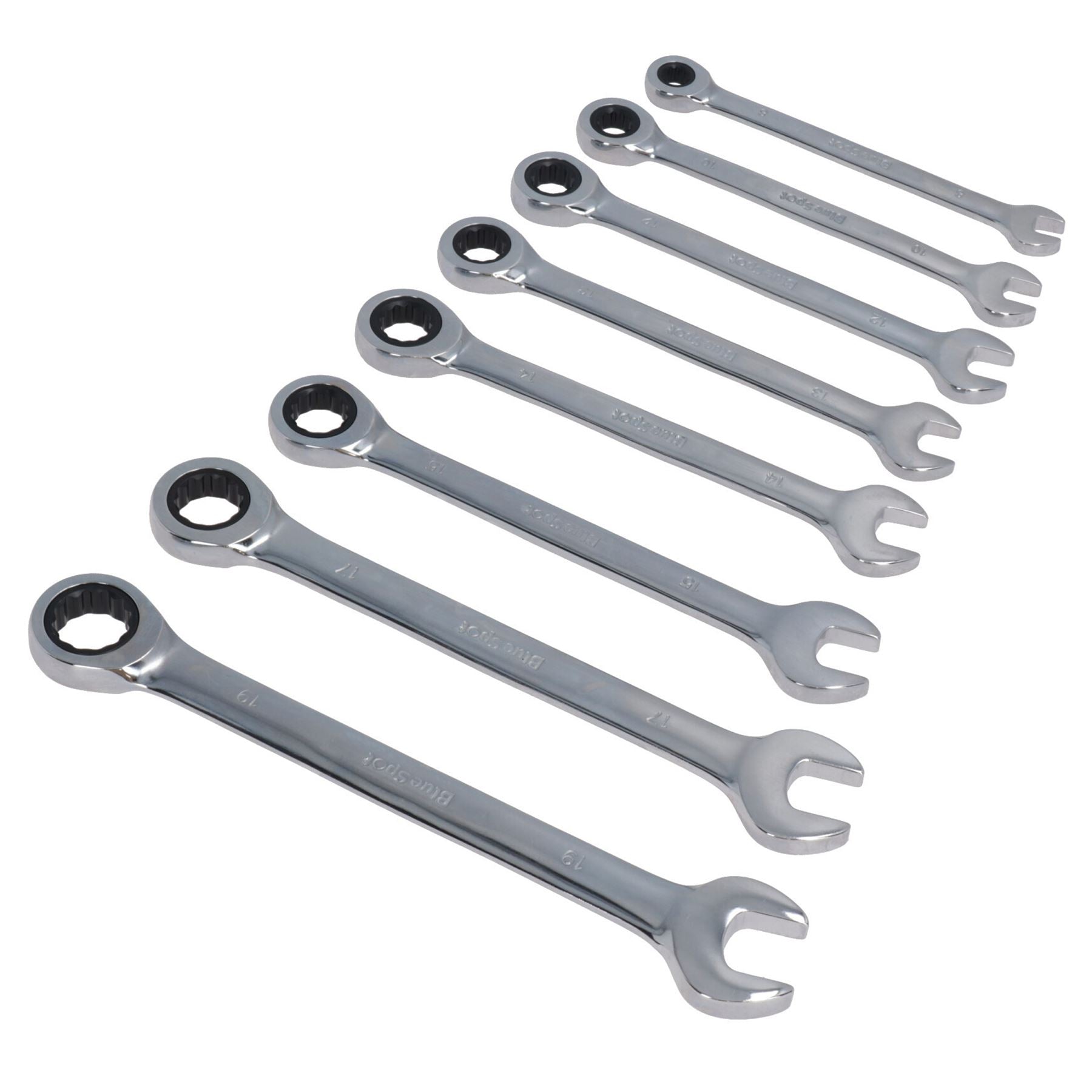 Jeu de 8 clés mixtes à cliquet métriques 8 mm – 19 mm, 72 dents