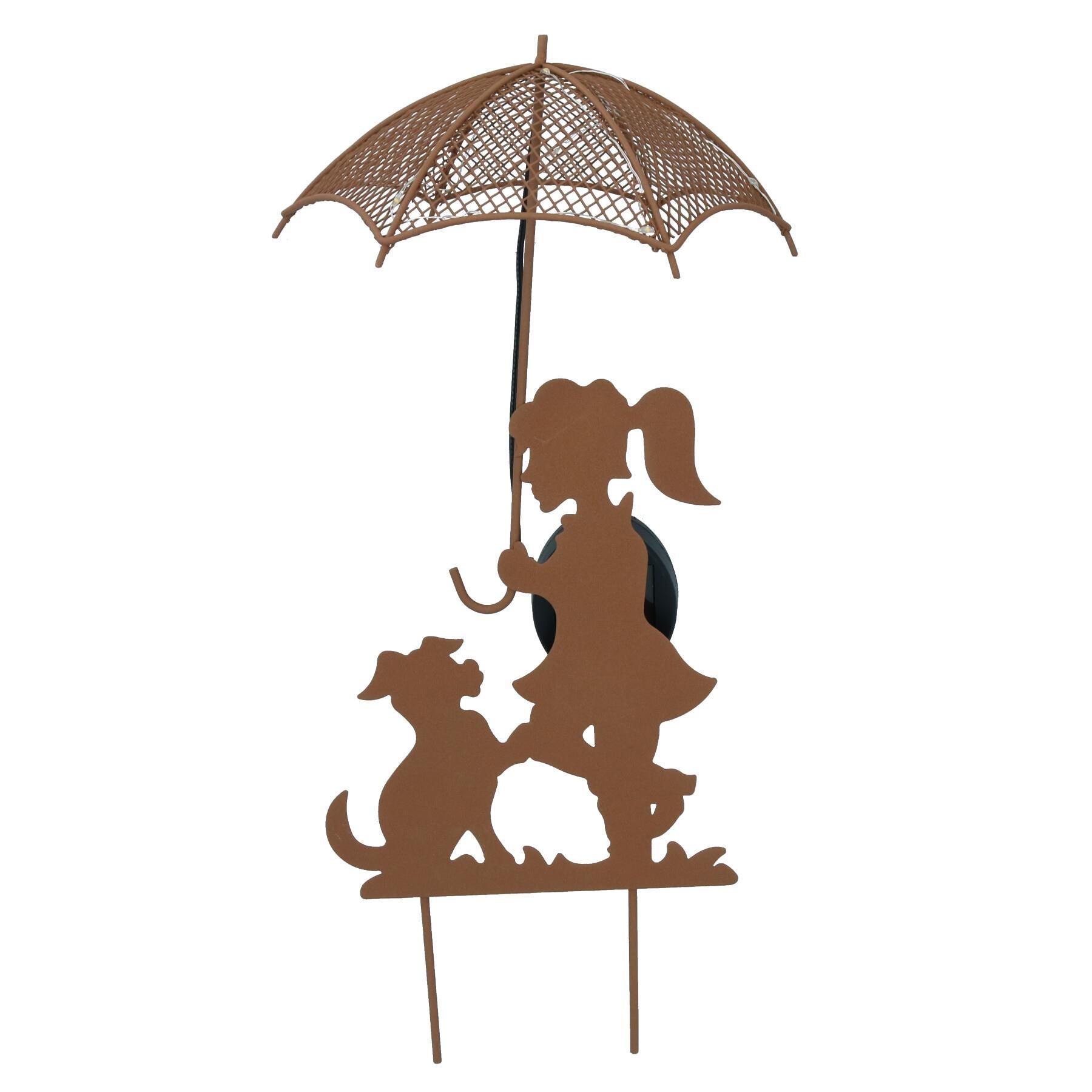 Solarbetriebenes rustikales Mädchen & Hund mit LED-Regenschirm-Gartendekorationslicht