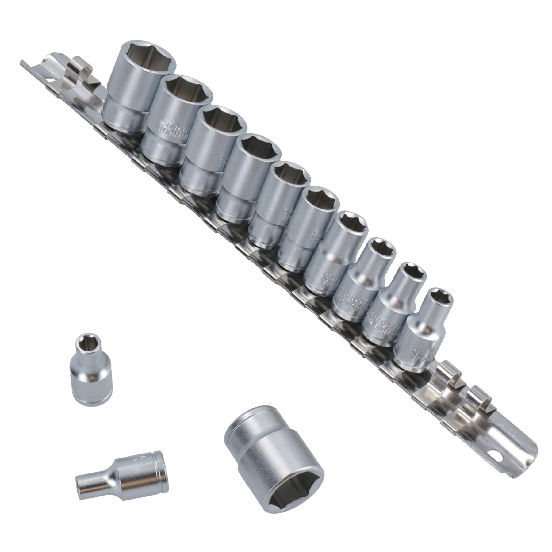 Douilles métriques peu profondes 1/4" 13 pièces 4 mm - 14 mm 6 pans simples sur rail TE047
