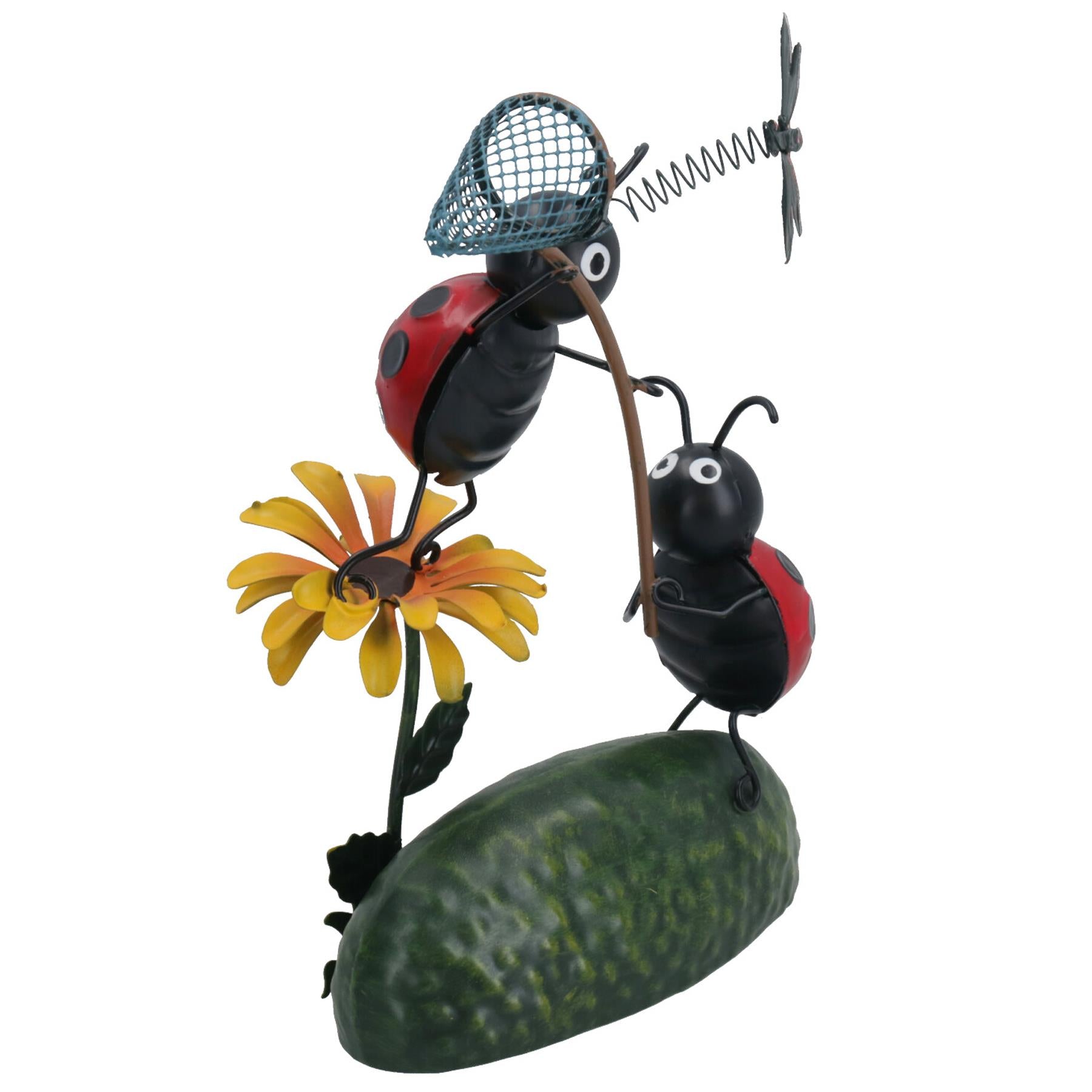 Décoration de jardin miniature en métal représentant une coccinelle attrapant une libellule 6 x 12 x 20 cm