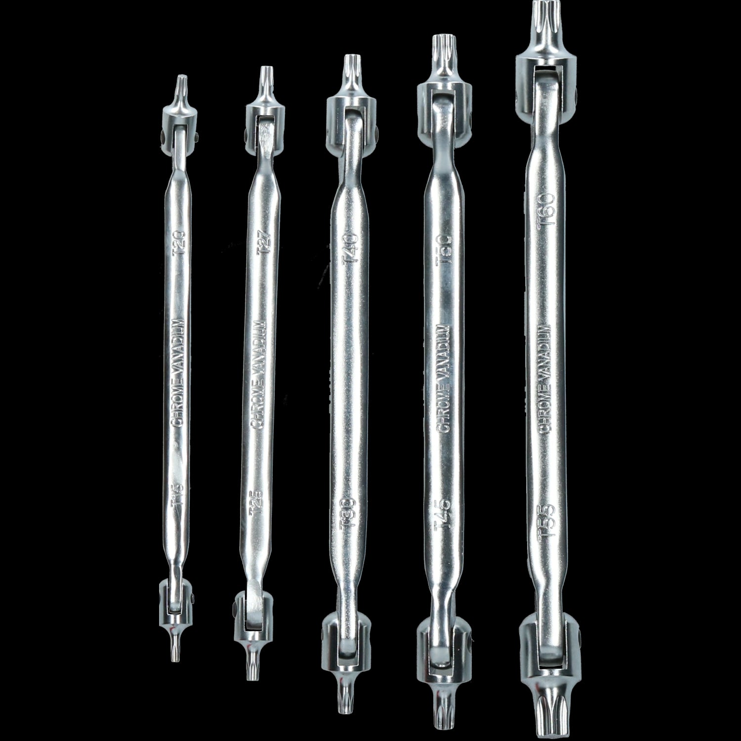 Torx-Außensechskantschlüssel/Stern, Flexi, doppelseitig, drehbarer Kopf, T15 – T60, 5-tlg., 10 Größen