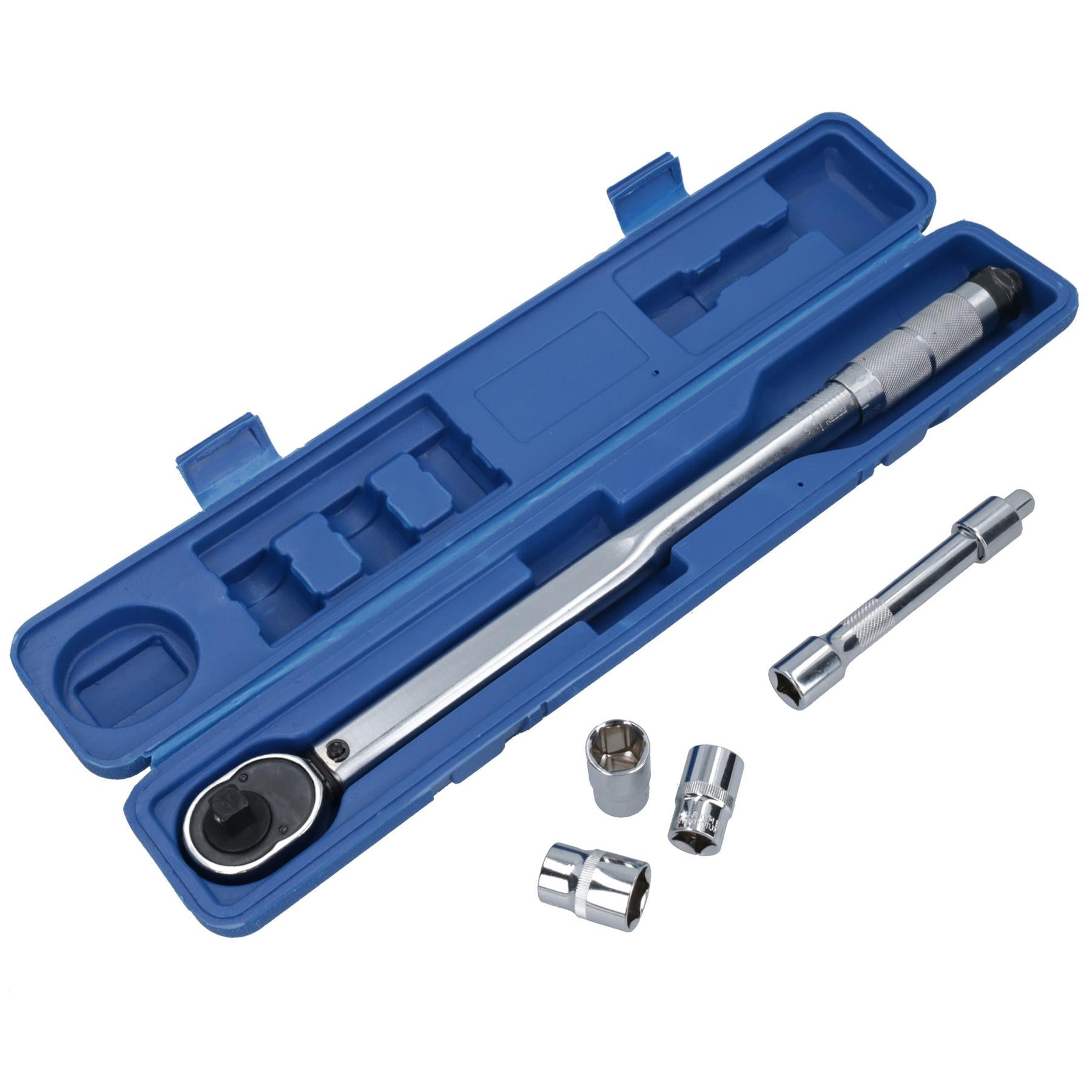 Kalibrierter Drehmomentschlüssel mit Ratsche und 1/2-Zoll-Antrieb + Zubehör 28Nm – 210Nm