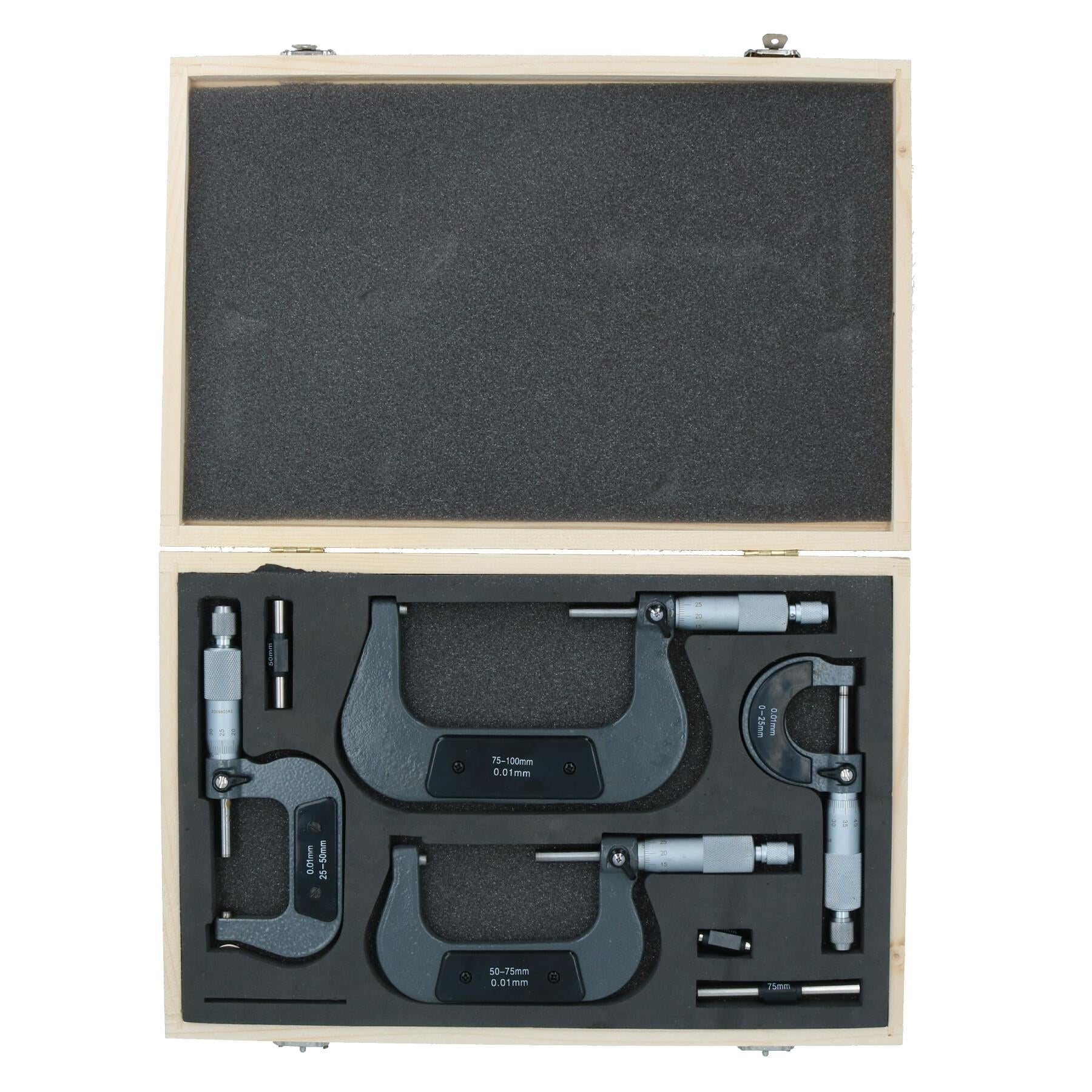4-teiliges Mikrometer, extern einstellbar, metrisch, Mikrometer, Hartmetall-Ambosse, 0–100 mm