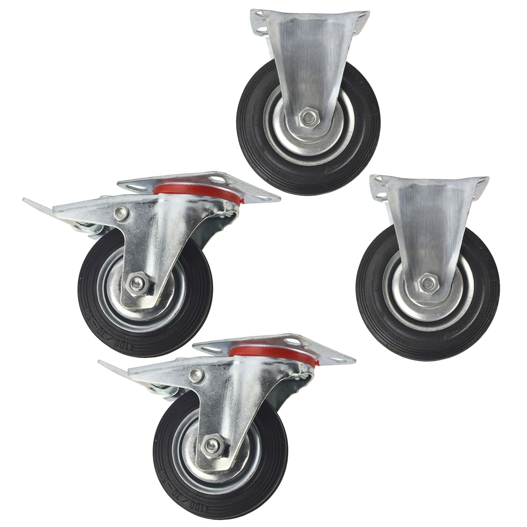 Roulettes pivotantes fixes et pivotantes en caoutchouc de 4 po (100 mm) avec frein (lot de 4) CST03_05