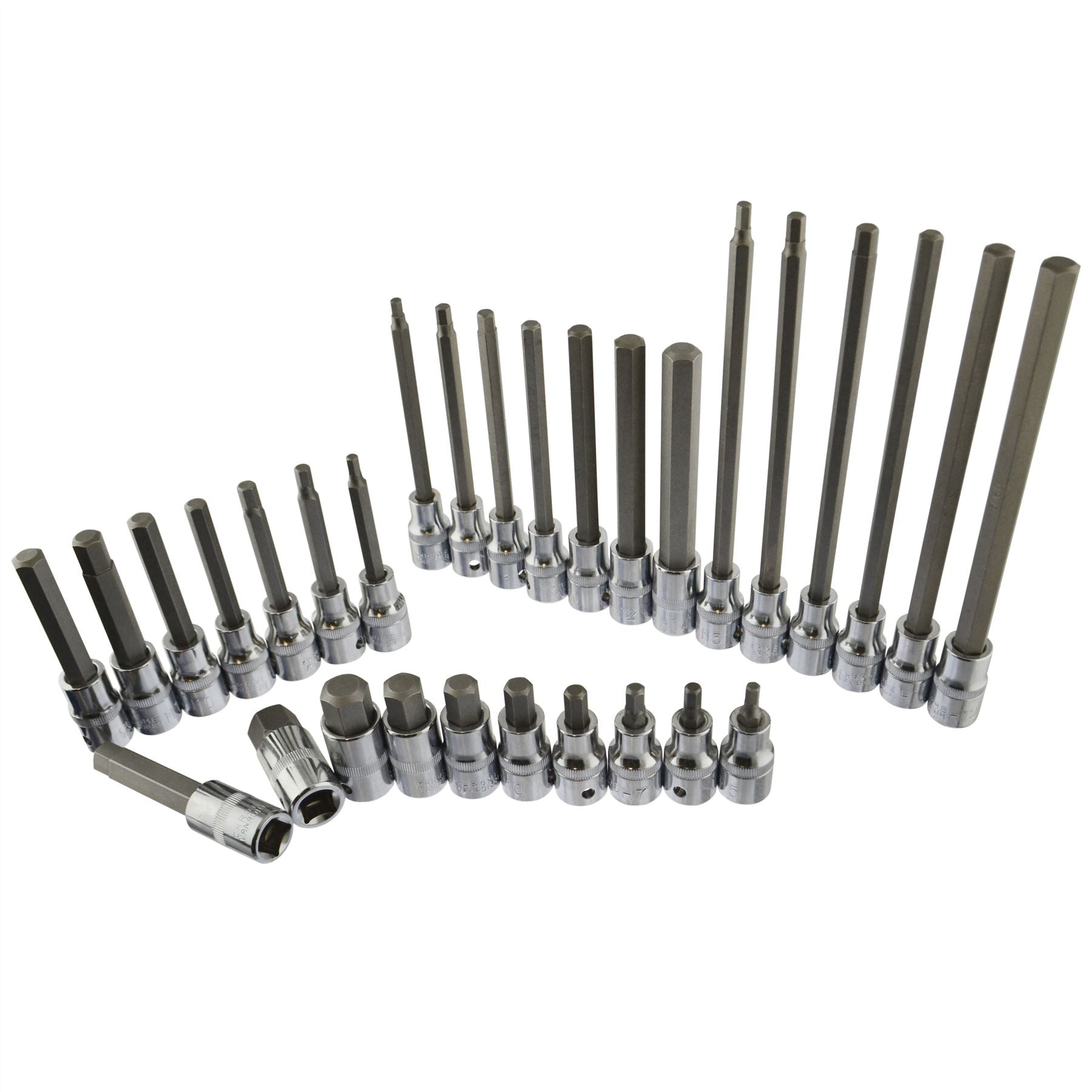Douilles métriques pour clés Allen hexagonales 1/2" peu profondes et profondes 5 mm - 19 mm 30 pièces