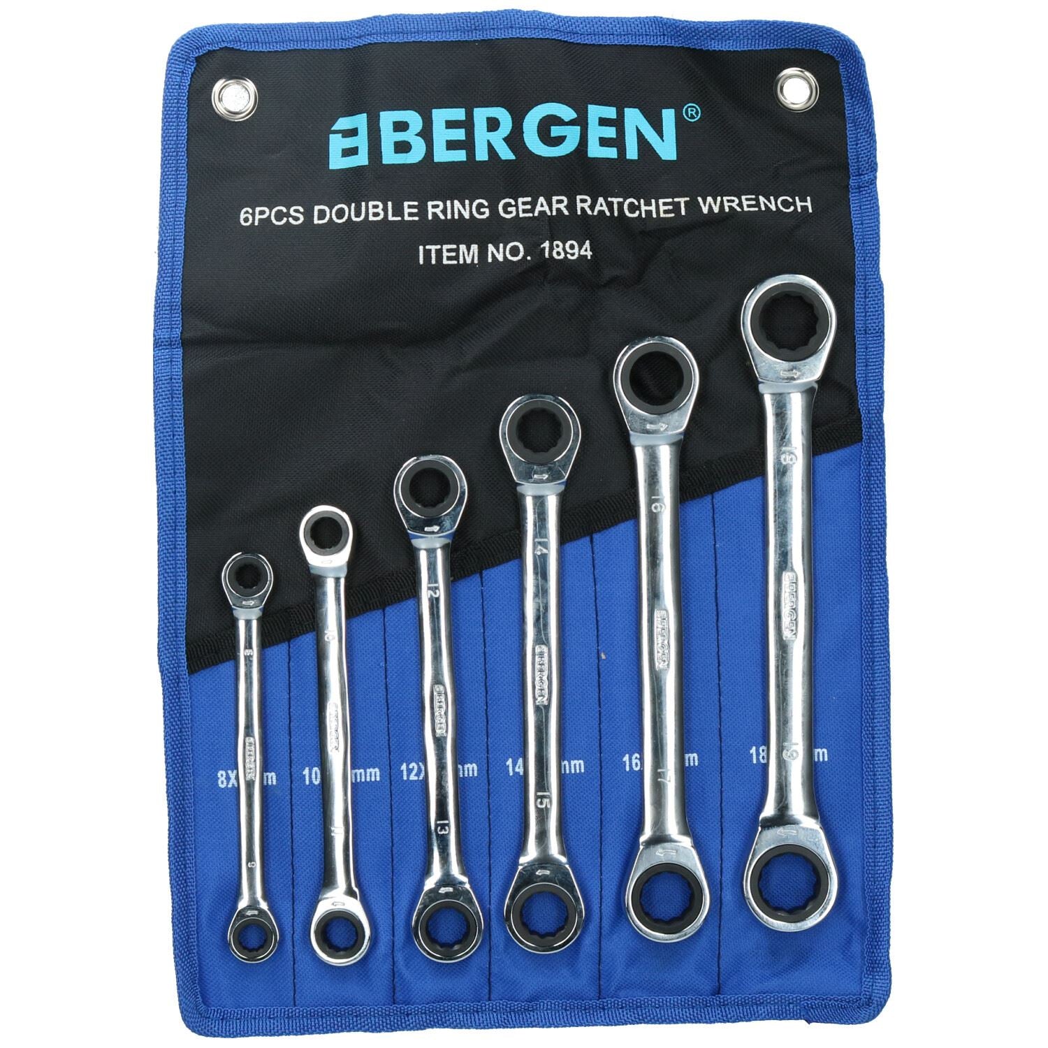 Jeu de clés à cliquet métriques à double anneau, 6 pièces, 8 mm - 19 mm, 72 dents, BERGEN AT501