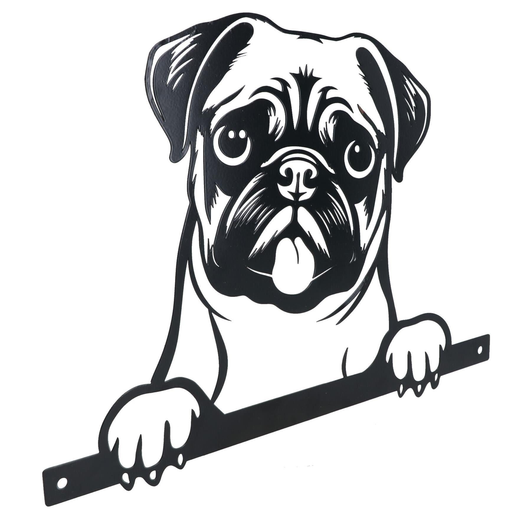 Black Metal Peeking Pug Silhouette with Fixing Plate Garden Ornament Gift