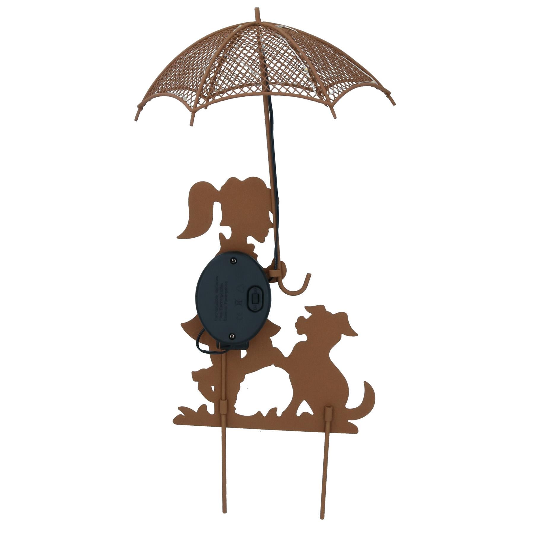 Solarbetriebenes rustikales Mädchen & Hund mit LED-Regenschirm-Gartendekorationslicht