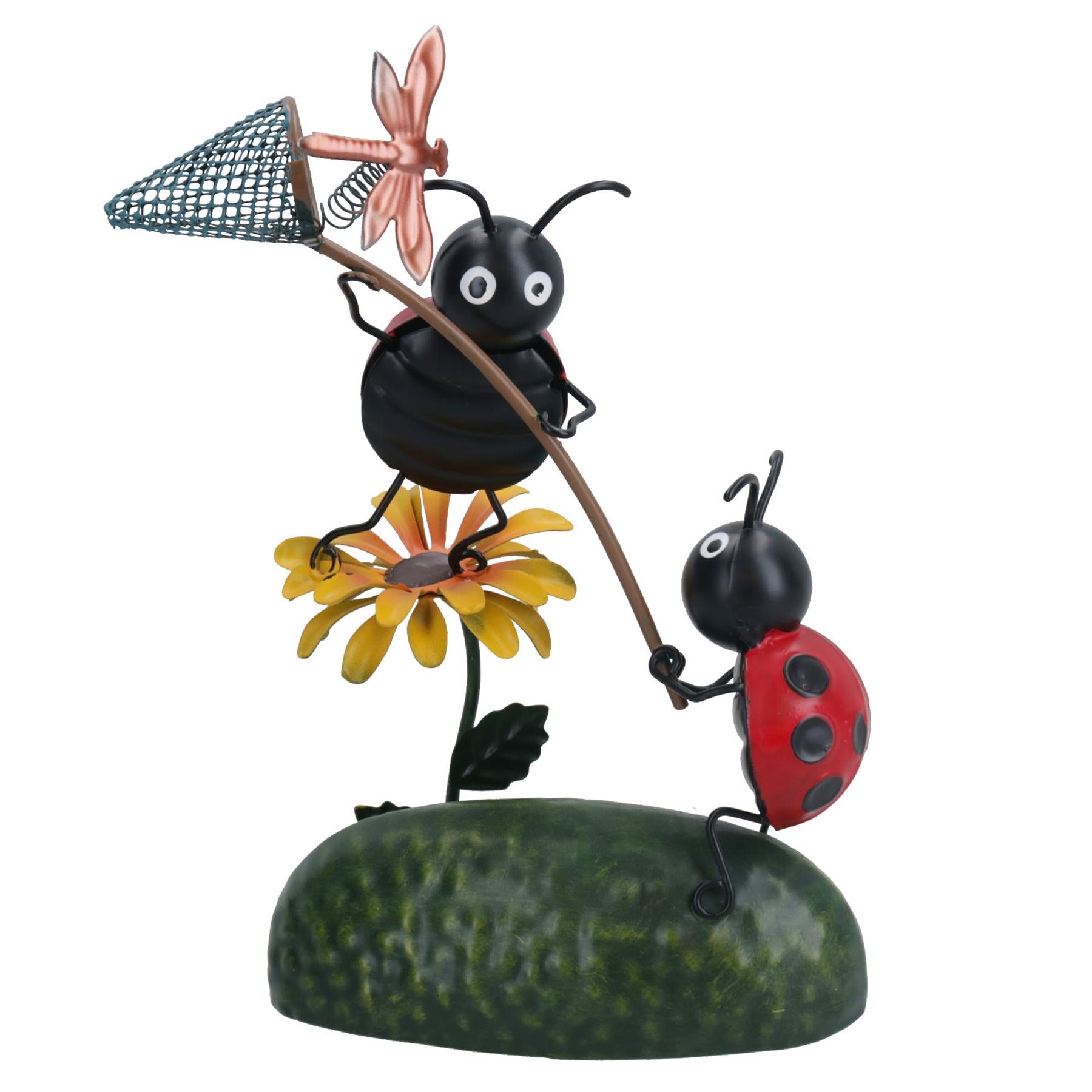 Décoration de jardin miniature en métal représentant une coccinelle attrapant une libellule 6 x 12 x 20 cm