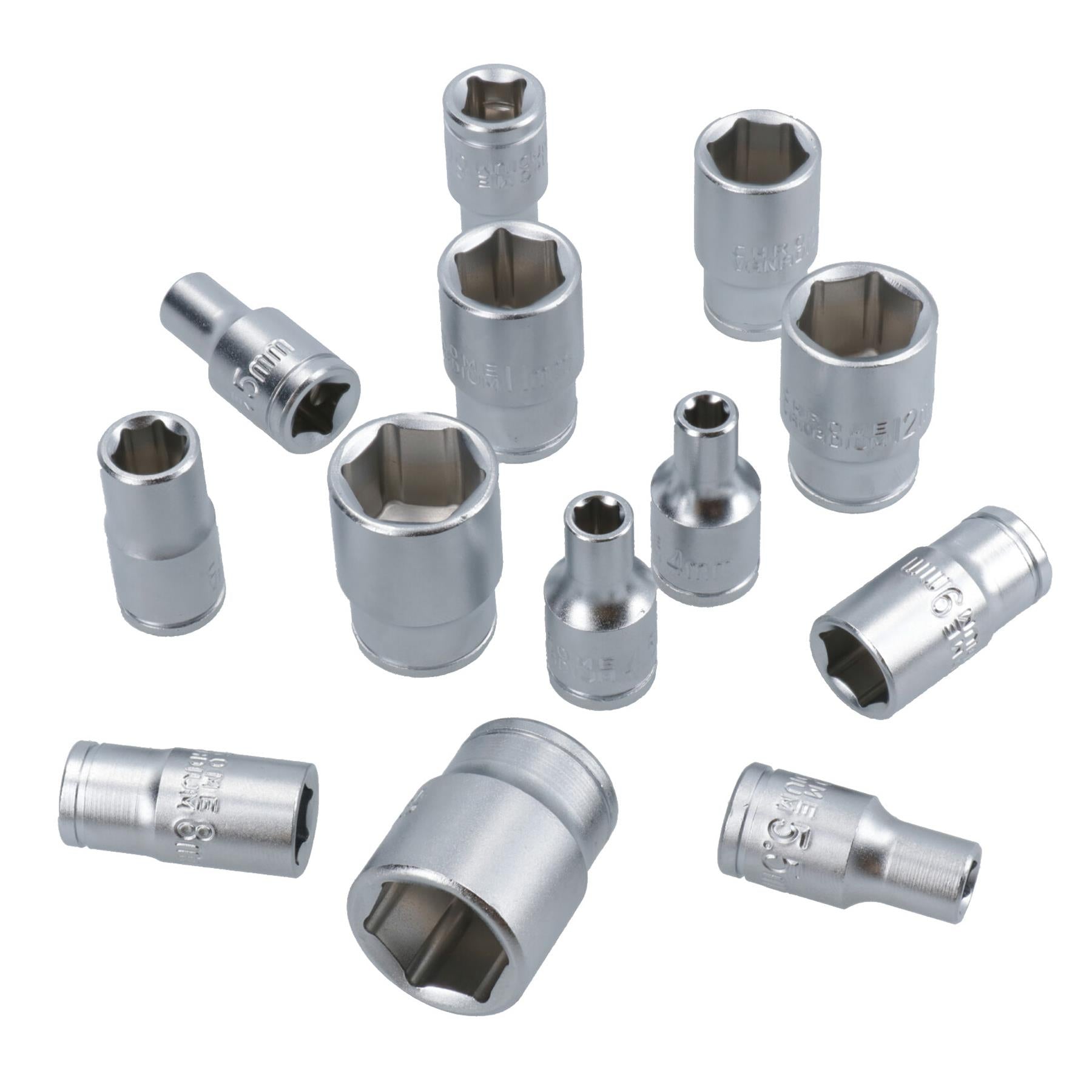 Douilles métriques peu profondes 1/4" 13 pièces 4 mm - 14 mm 6 pans simples sur rail TE047