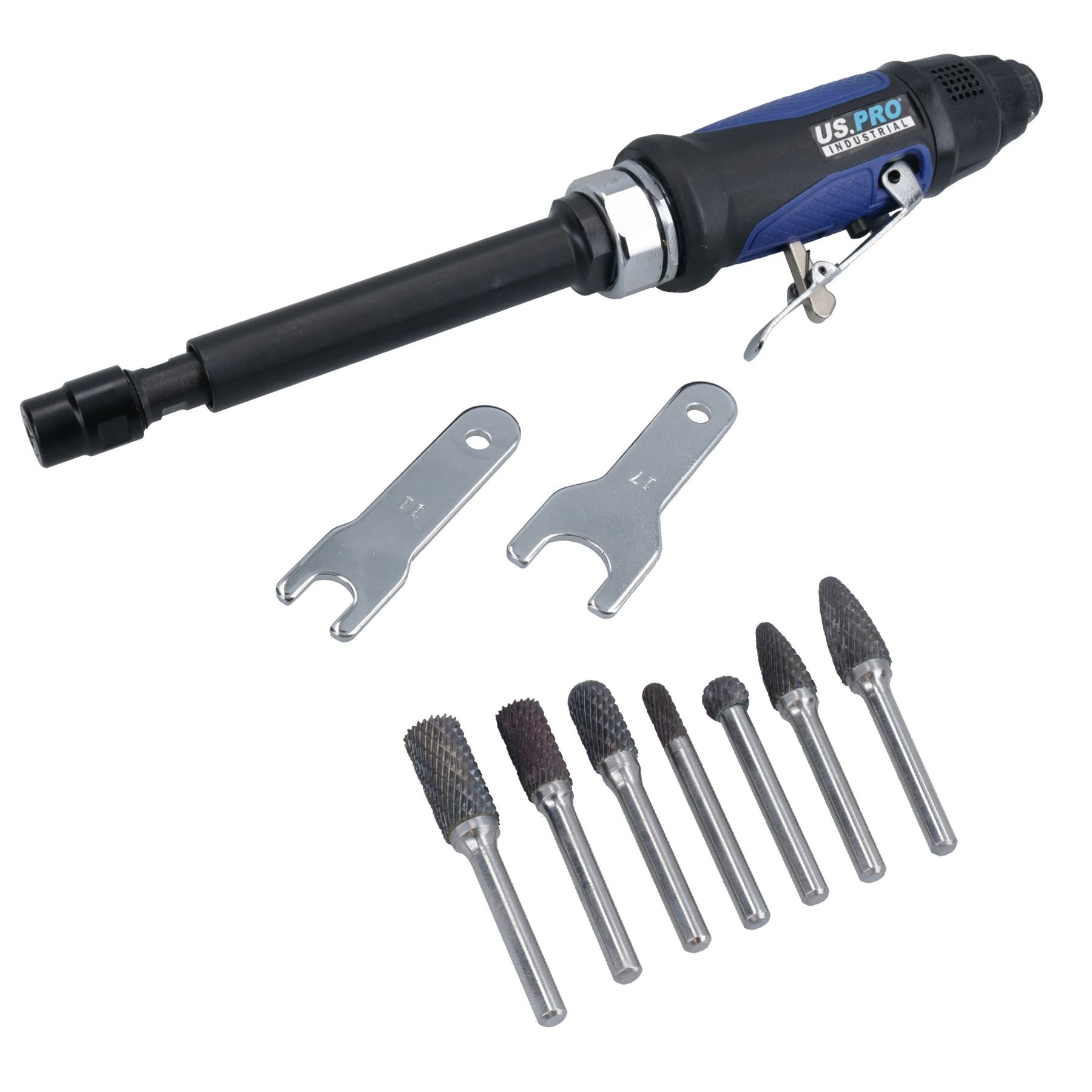 Meuleuse pneumatique allongée, pince de serrage 1/4 po, 25 000 tr/min, arbre de 5 po + 7 fraises rotatives courtes