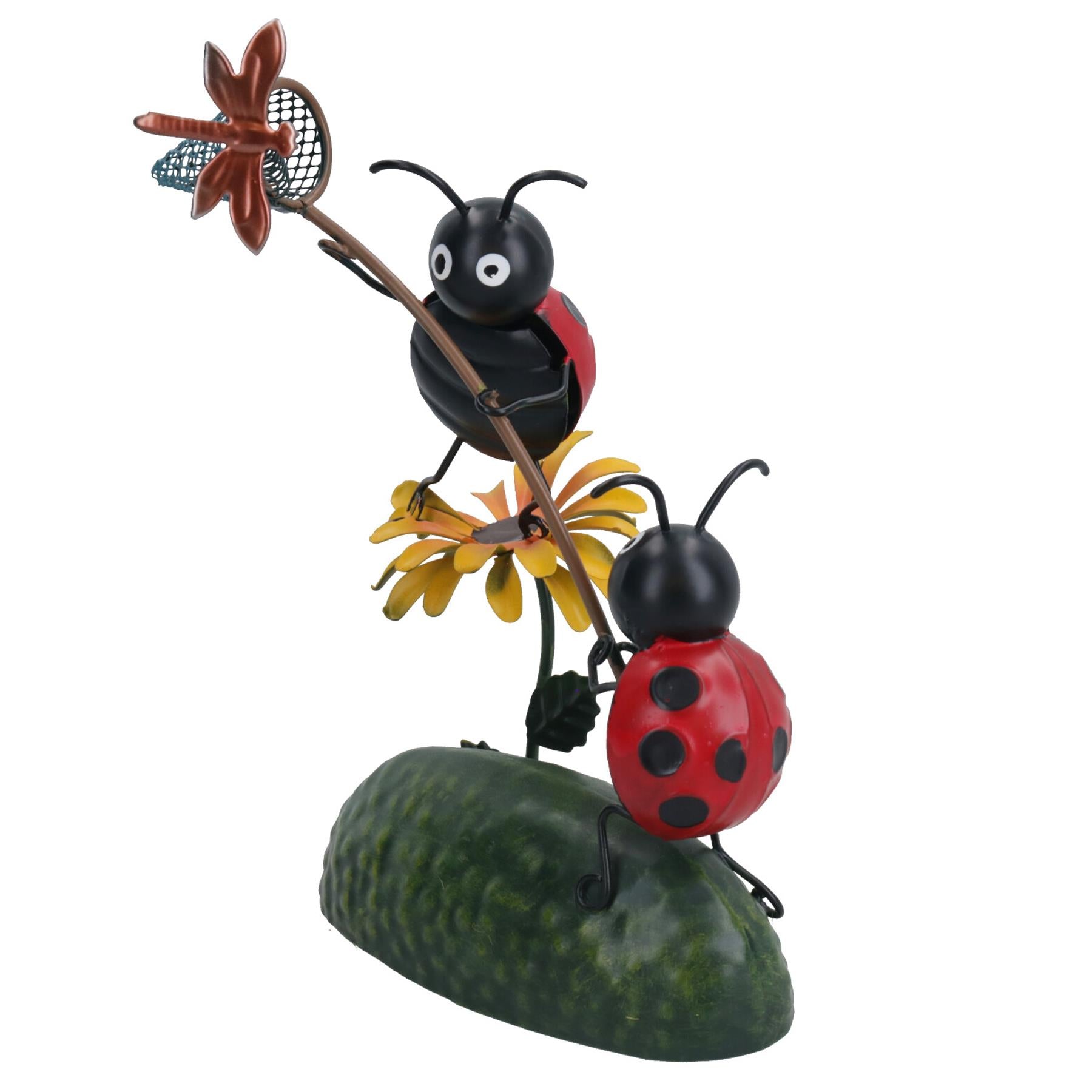 Décoration de jardin miniature en métal représentant une coccinelle attrapant une libellule 6 x 12 x 20 cm