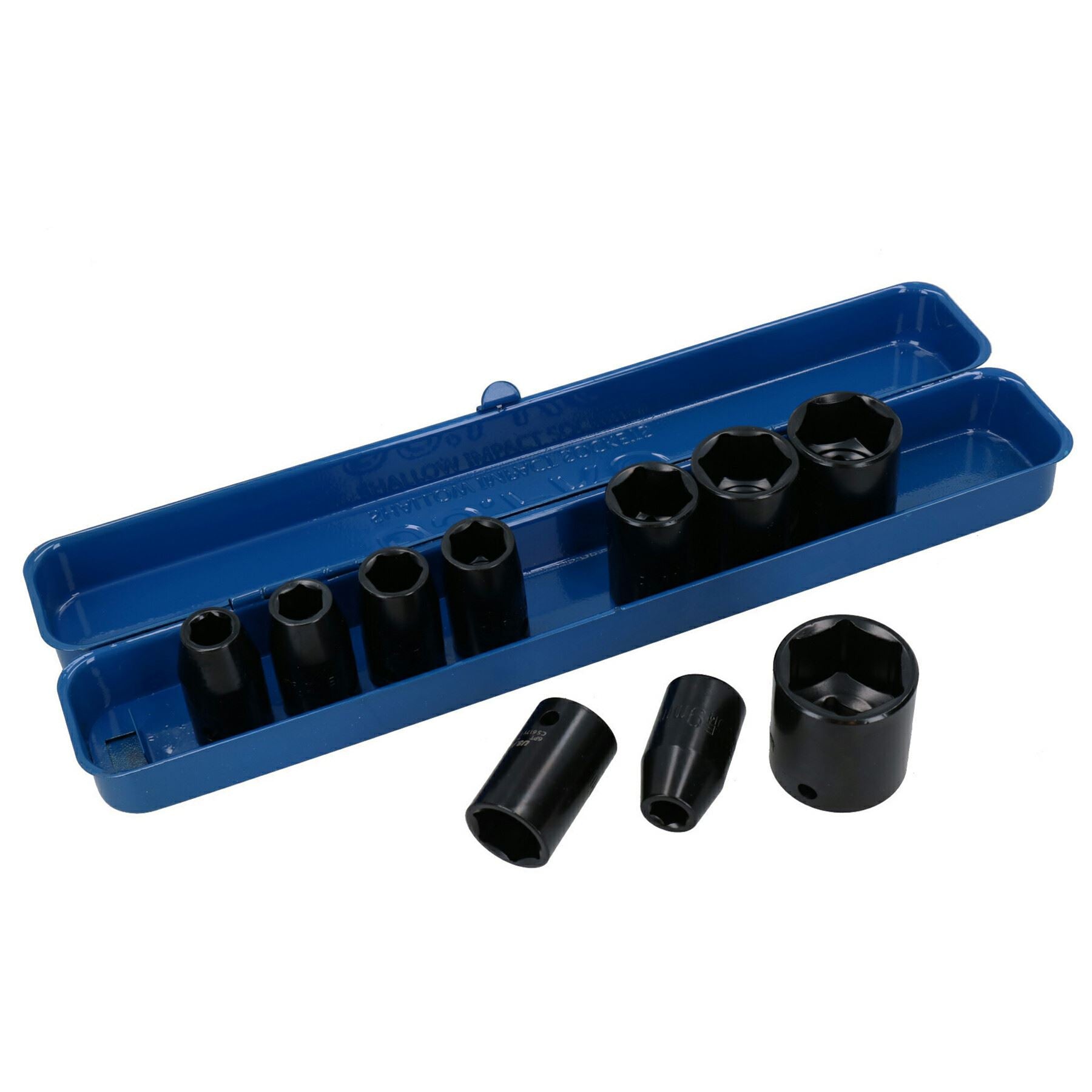 Clé à cliquet pneumatique 1/2 po, couple maximal 75 pi/lb + 10 douilles à choc peu profondes 9 – 27 mm