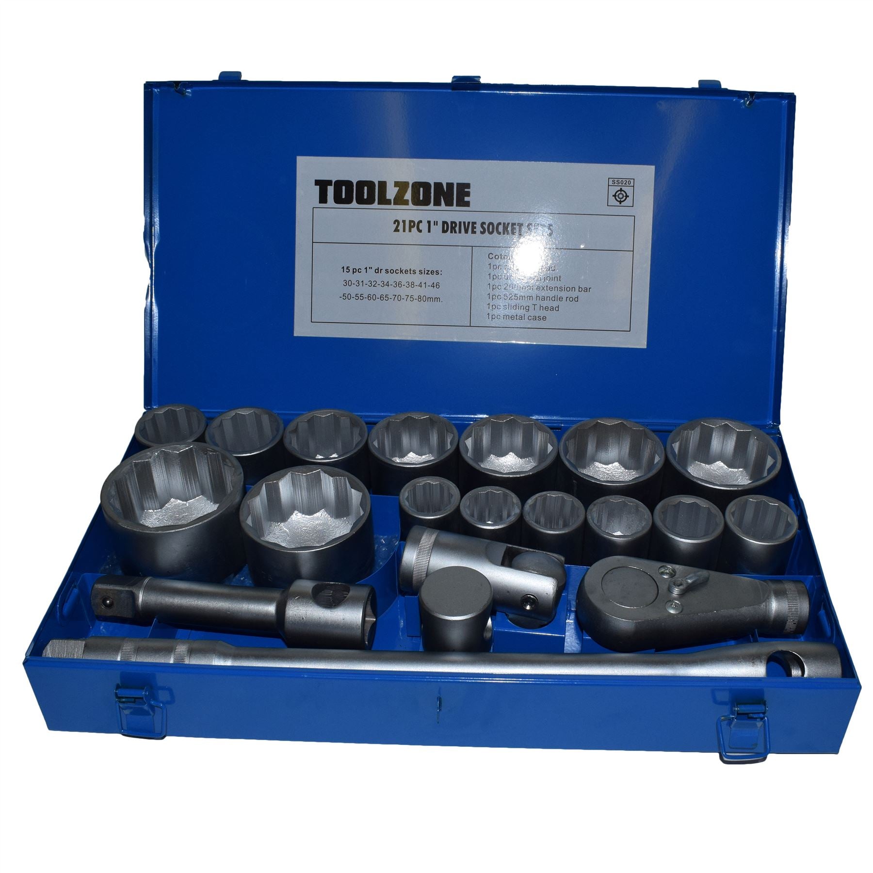 21-teiliger 1-Zoll-Antrieb, metrischer Steckschlüssel- und Zubehörsatz, 30–80 mm, 12-seitige Steckschlüssel