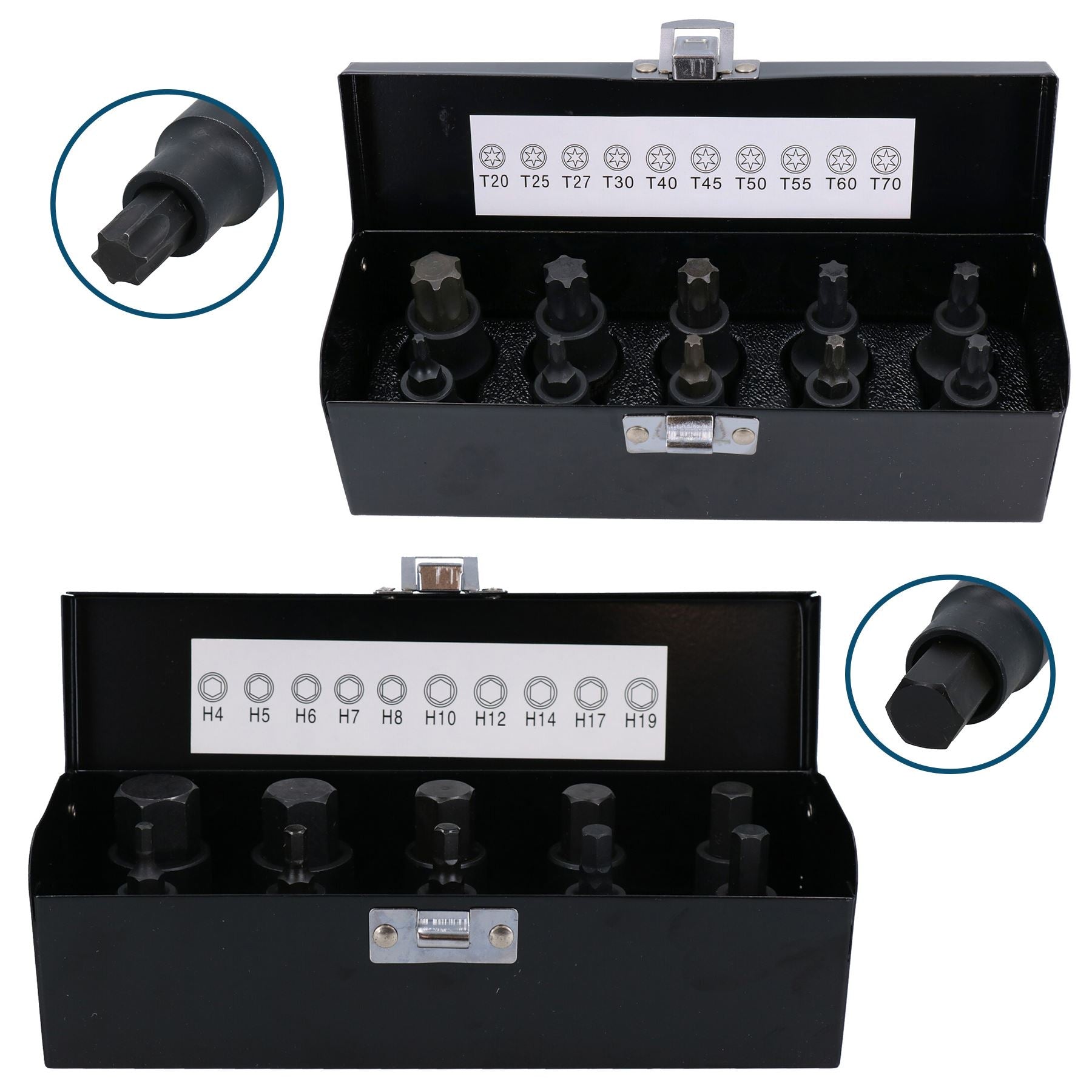 1/2"-Antrieb, metrisch, Sechskant + Torx-Stern-Schlagbits, Stecknüsse 4 mm – 19 mm + T20 – T70