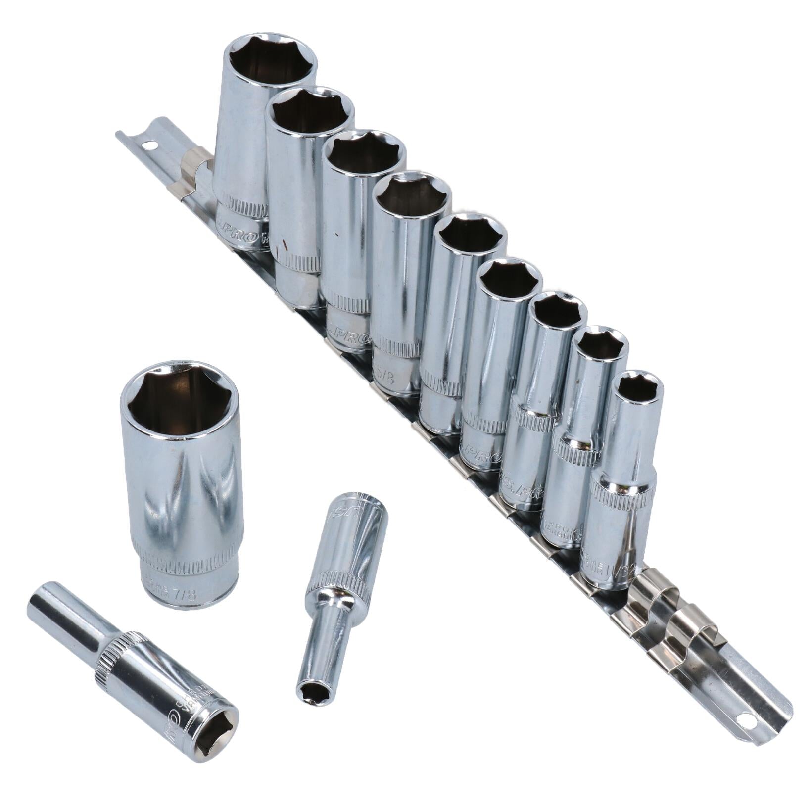 Douilles impériales SAE AF 1/4" - 7/8" 6 points sur rail, 12 pièces, empreinte profonde 3/8" AT939