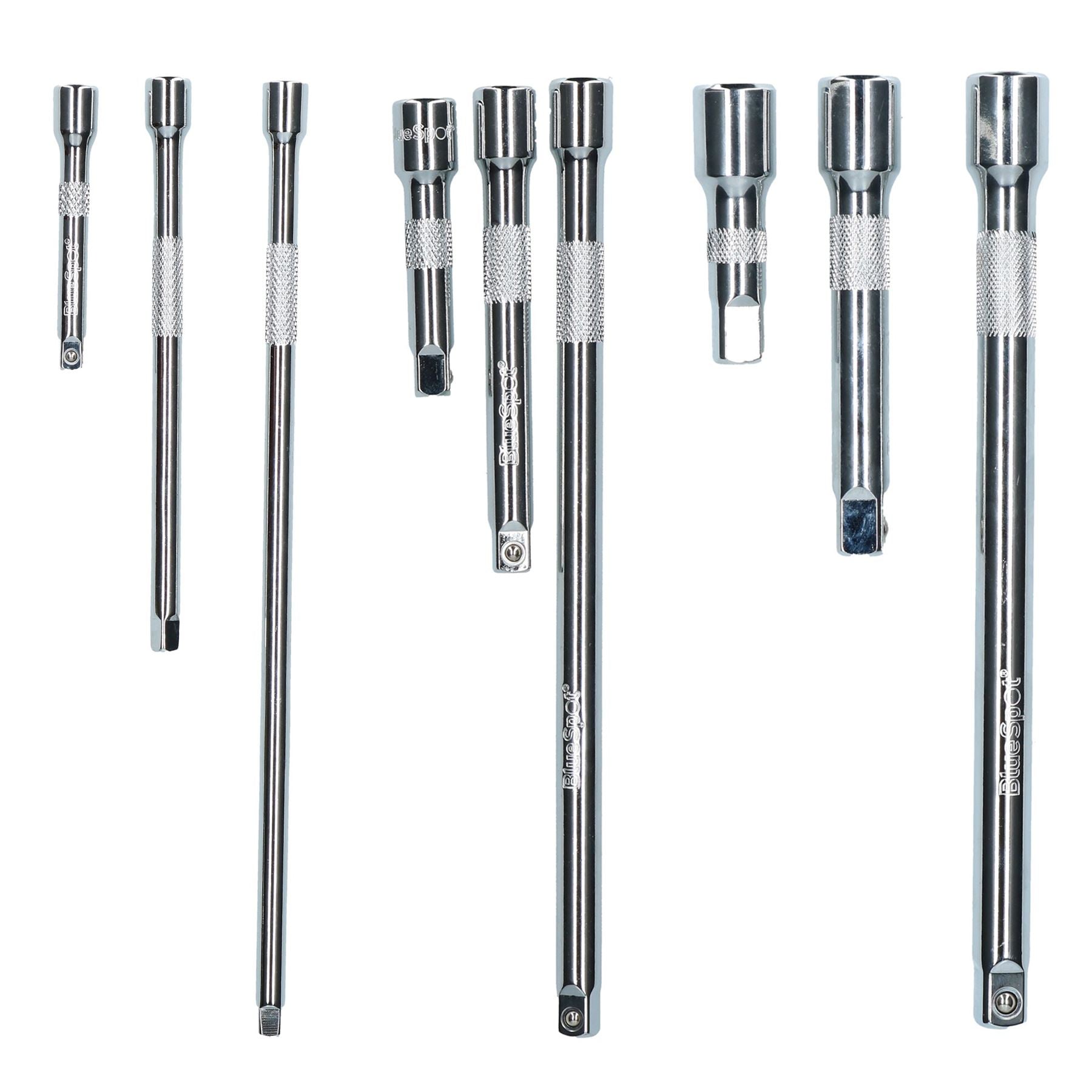 9-teiliges Verlängerungsset mit geraden Stecknüssen, 1/4 Zoll, 3/8 Zoll und 1/2 Zoll Antrieb, 75 mm, 125 mm, 250 mm