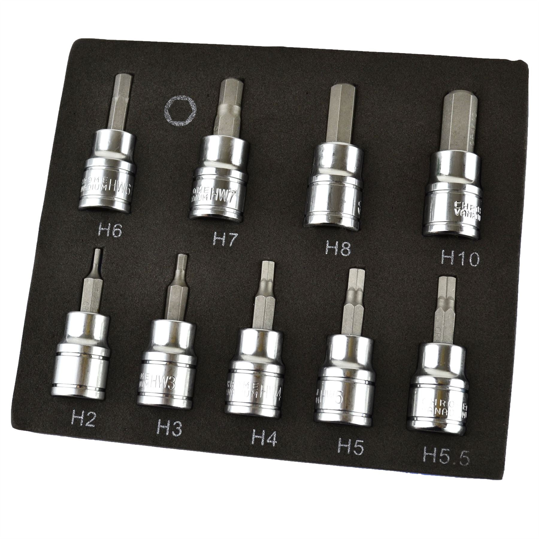 Jeu d'embouts à douilles hexagonales et Allen longues et courtes 3/8" dr H2 - H10 mm