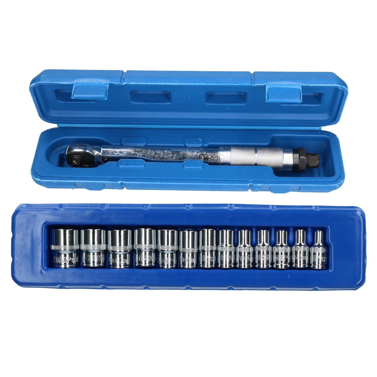 1/4-Zoll-Drehmomentschlüssel 5 – 25 Nm + metrische 6-seitige flache Stecknüsse 4 – 14 mm