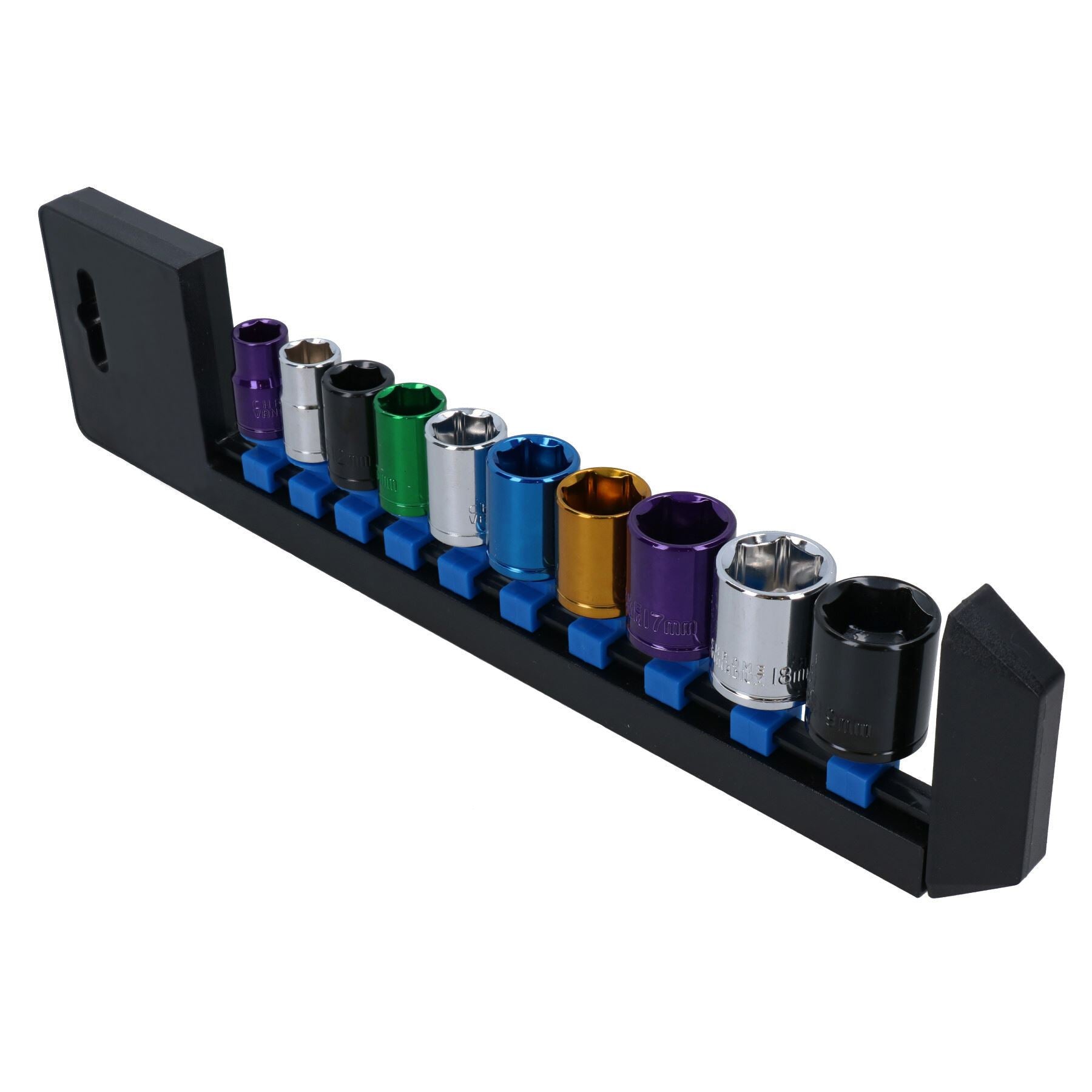 10pc Coloured 3/8" Dr Shallow Sockets 6 Point Hex Metric 10 - 19mm With Rail