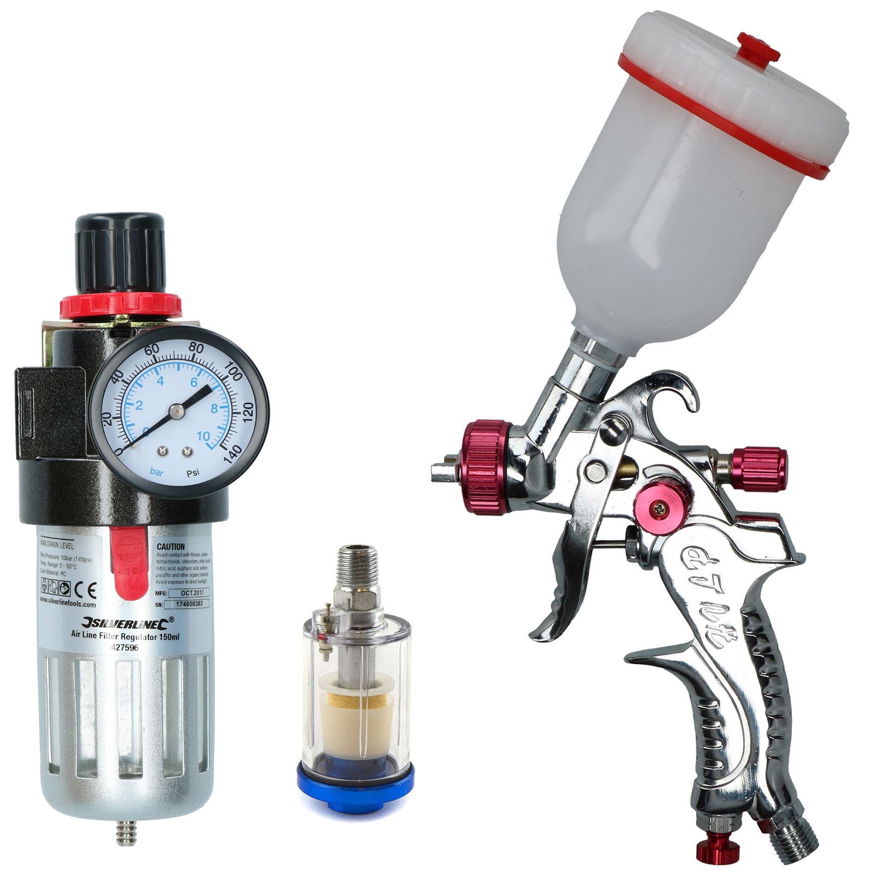 Mini-HVLP-Spritzpistole mit Schwerkraftzufuhr, 8 mm, mit Inline-Feuchtigkeitsabscheider-Druckregler