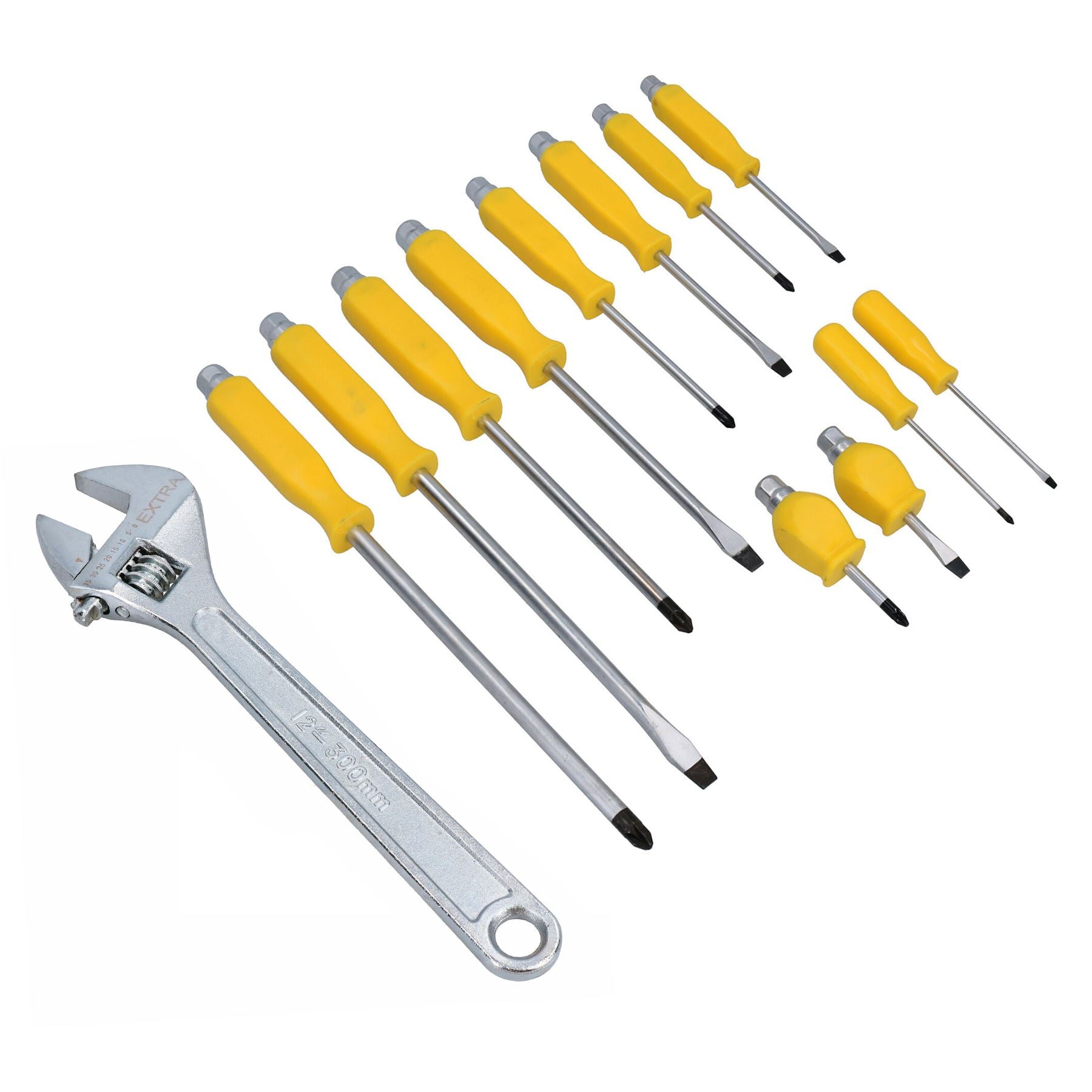 Pozi Flat Screwdriver Set Impacted Tips with Hex Shank + 12” Adjustable Spanner