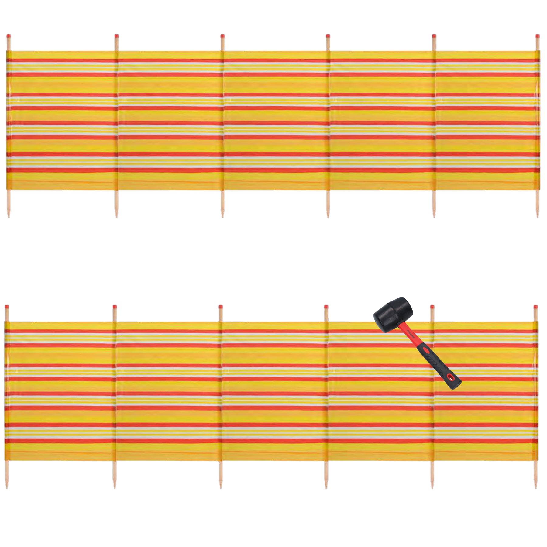 Abri de plage coupe-vent à 6 poteaux 1,5 m sur 3,7 m avec brise-vue et bande jaune
