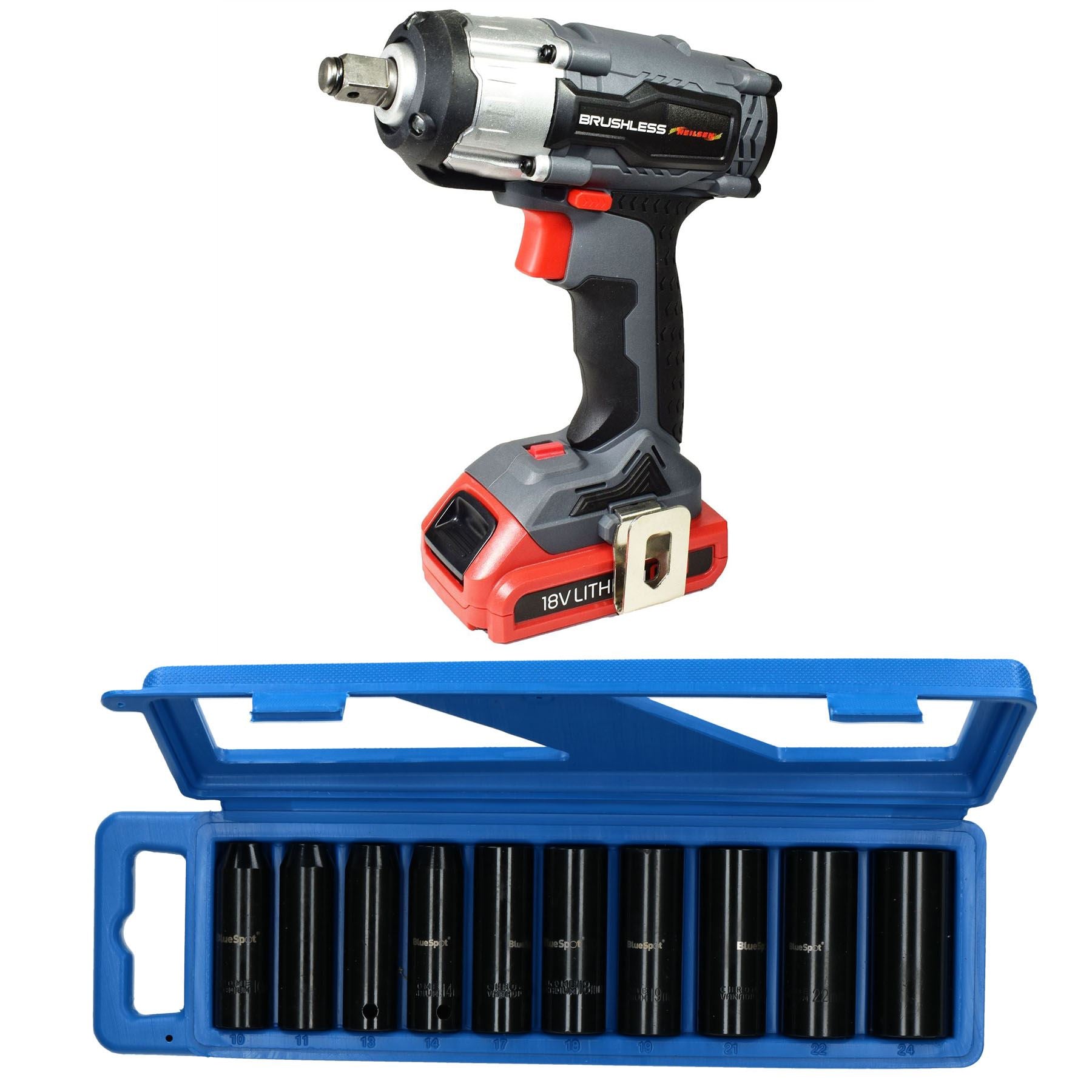 18v 1/2" Drive Li-on Cordless Battery Impact Gun & 10 Deep MM Impact Sockets