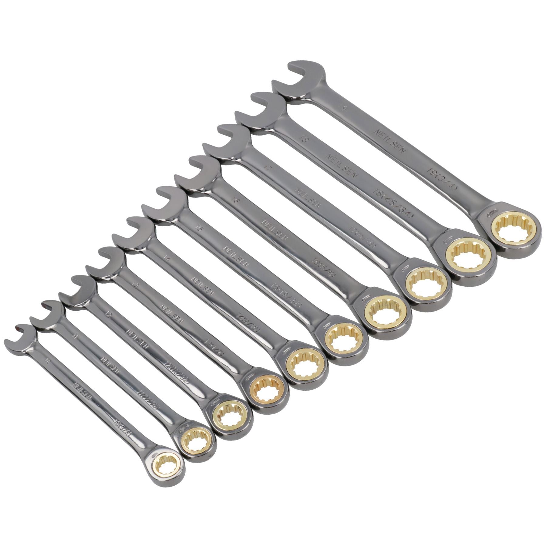 Metric + SAE Ratchet Combination Wrench Spanner Set 10 – 19mm 3/8in – 3/4in.