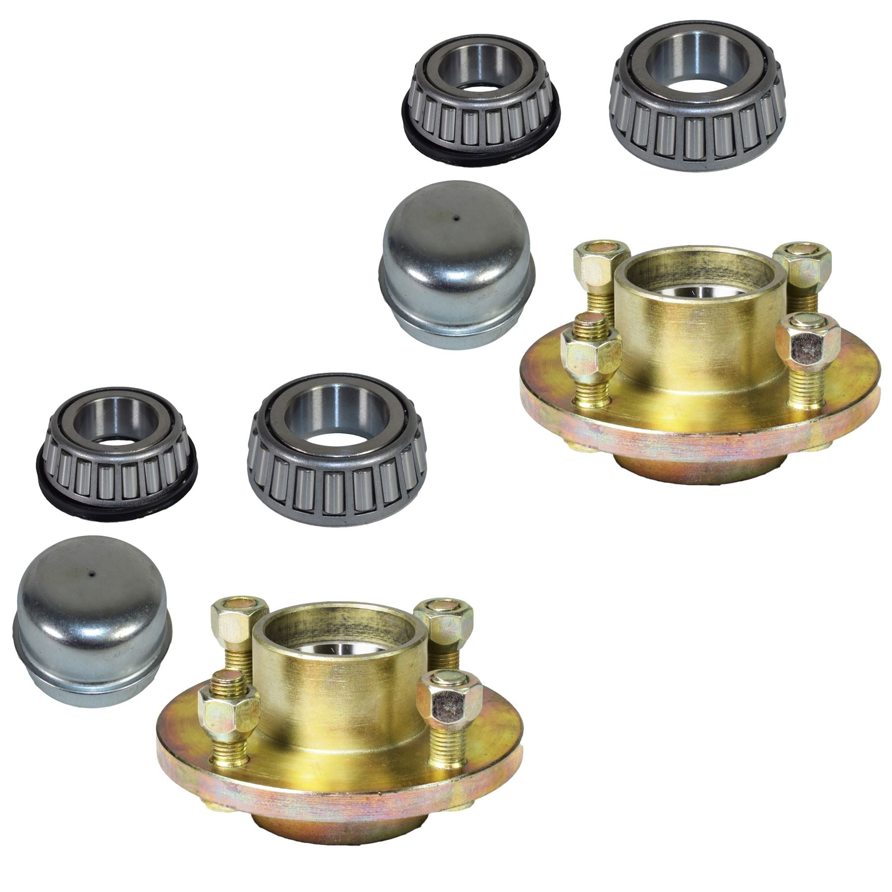 Paire de moyeux de roue de remorque en fonte 100 mm PCD 1" roulement conique 4 goujons écrous + capuchons