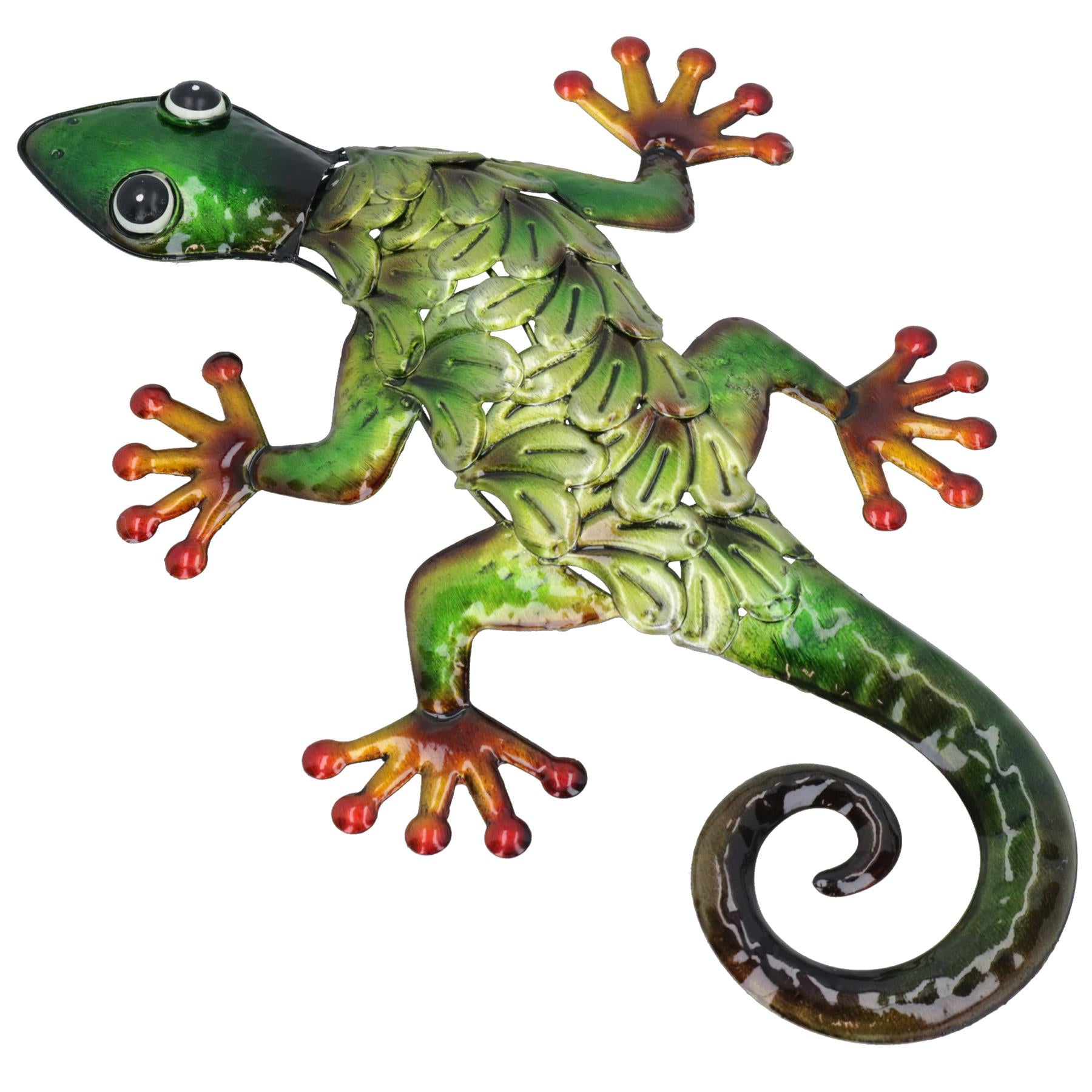 Décoration murale de jardin/maison en forme de gecko vert métallisé avec crochet de suspension