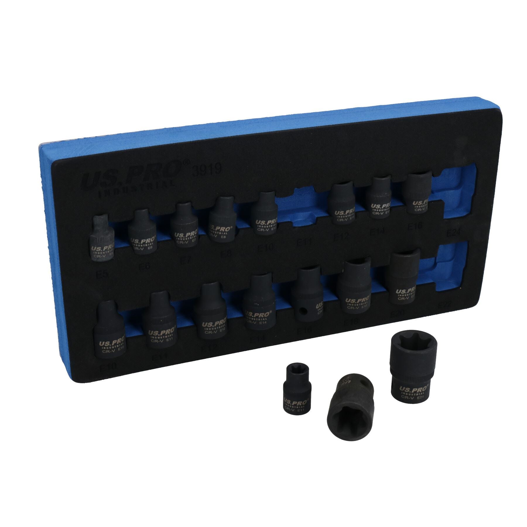 Jeu de 18 douilles Torx femelles à impact E5 – E24, entraînement 3/8" et 1/2"