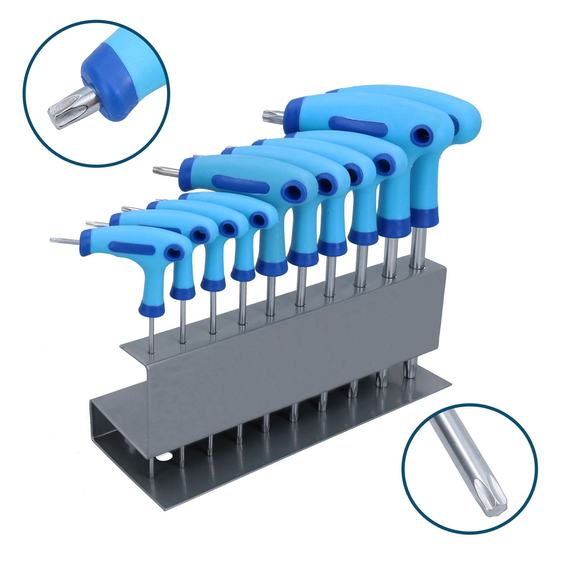 Torx-Bits mit T-Griff, Schraubenschlüsselsatz T9 – T50 im Lagerregal, T-Griff-Schlüssel, 10-teilig