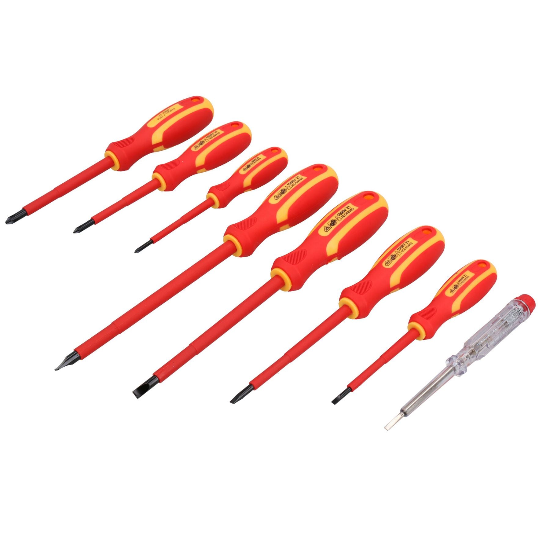 VDE-isolierte elektrische Schraubendreher + Netztester, Kreuzschlitz, flach, 8-tlg.