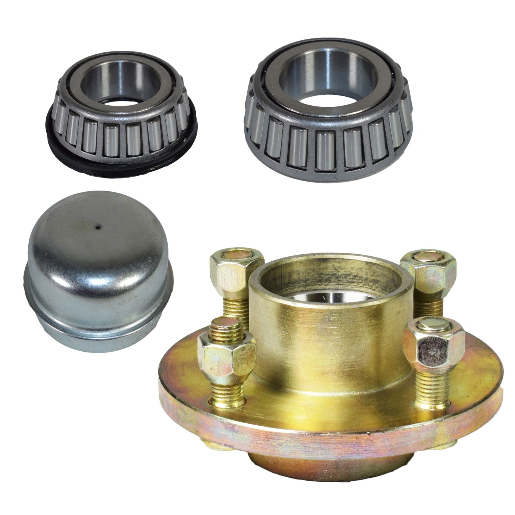 Moyeu de roue moulé pour remorque 100 mm PCD 1" roulement conique 4 goujons avec écrous et capuchon