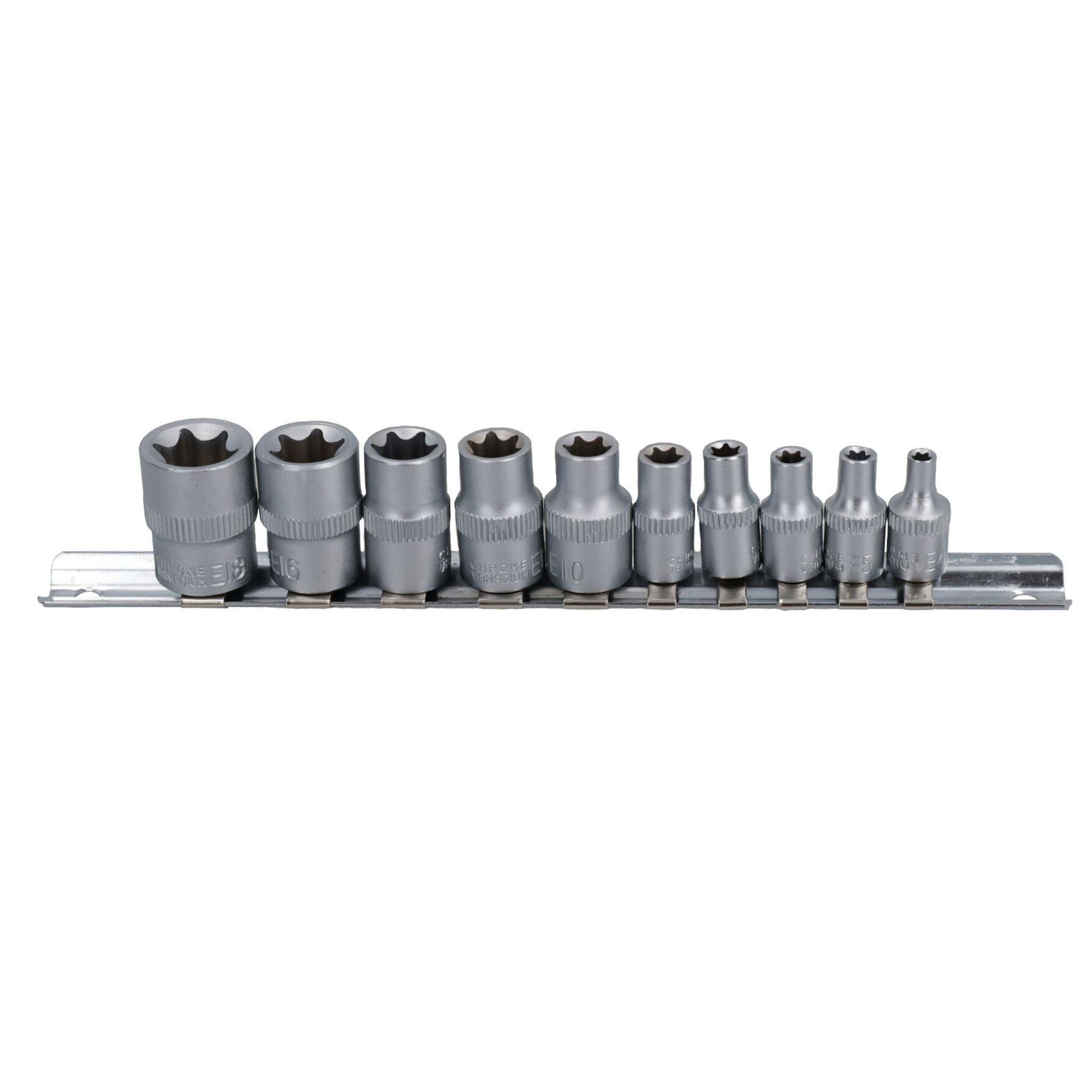 Innen-Torx-Steckschlüssel, flach, Stern E, 1/4" + 3/8" Antrieb, E4 – E18, 10-teiliger Satz